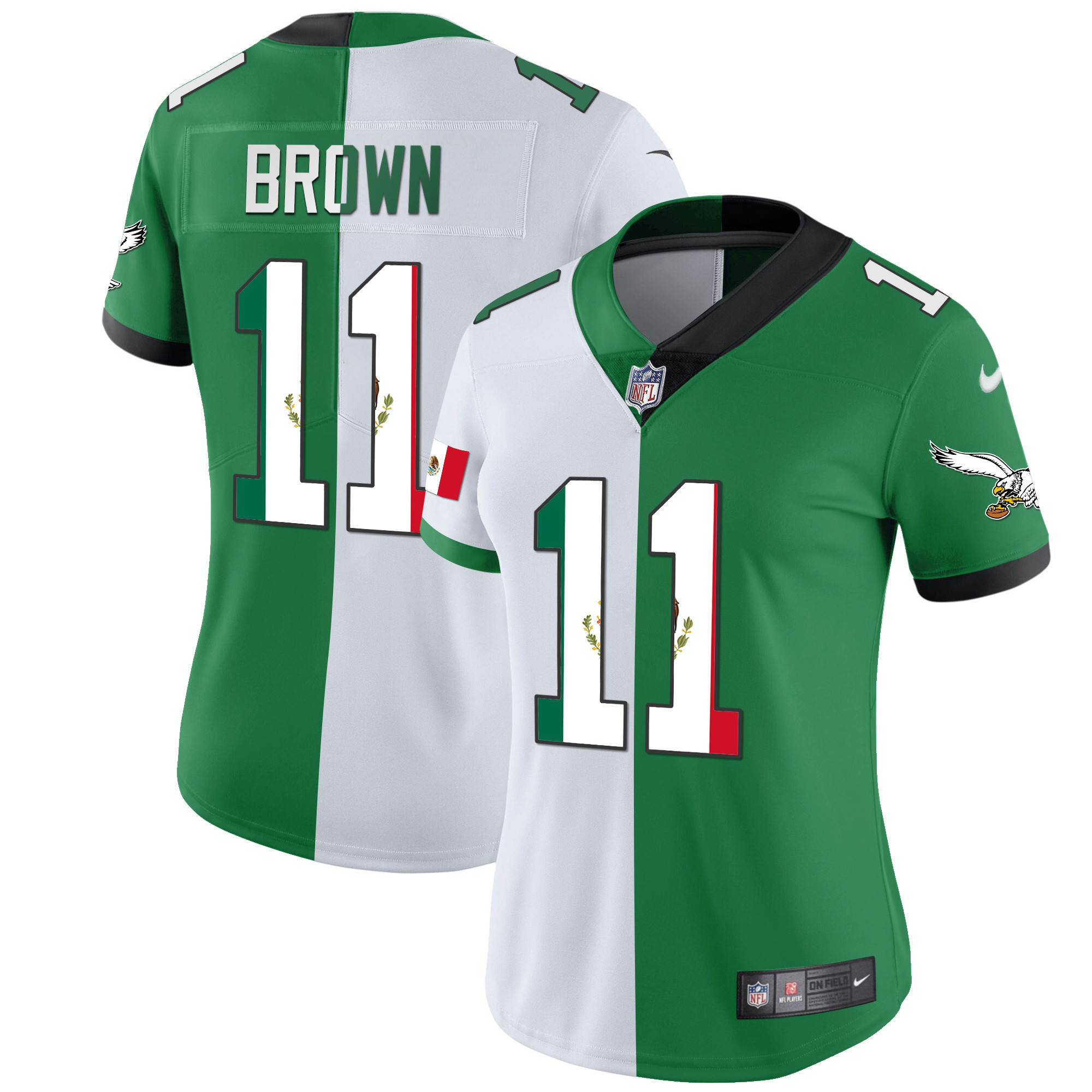 A.J. Brown Women's Philadelphia Eagles Mexico Gold & Kelly Vapor Split Jersey - All Stitched
