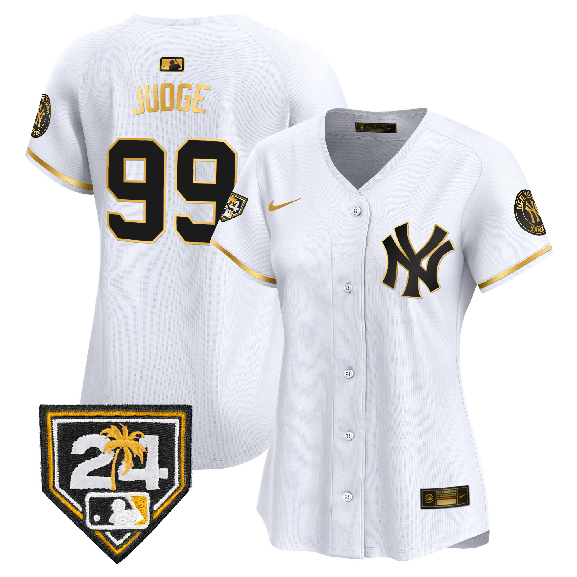 Aaron Judge Women's New York Yankees 2024 Spring Training Patch Vapor Premier Limited V2 White Gold Jersey - All Stitched