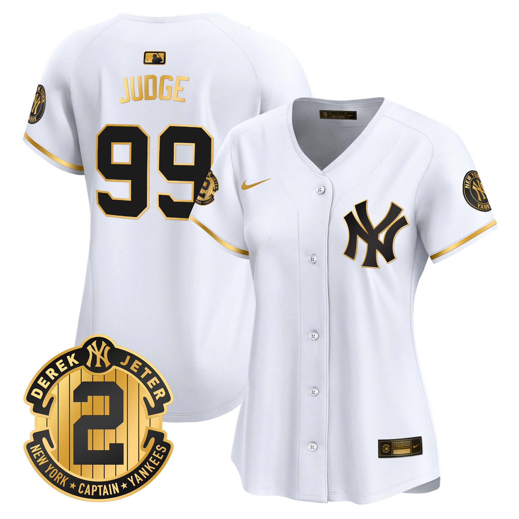 Aaron Judge Women's New York Yankees Derek Jeter Patch Vapor Premier Limited White Gold Jersey - All Stitched