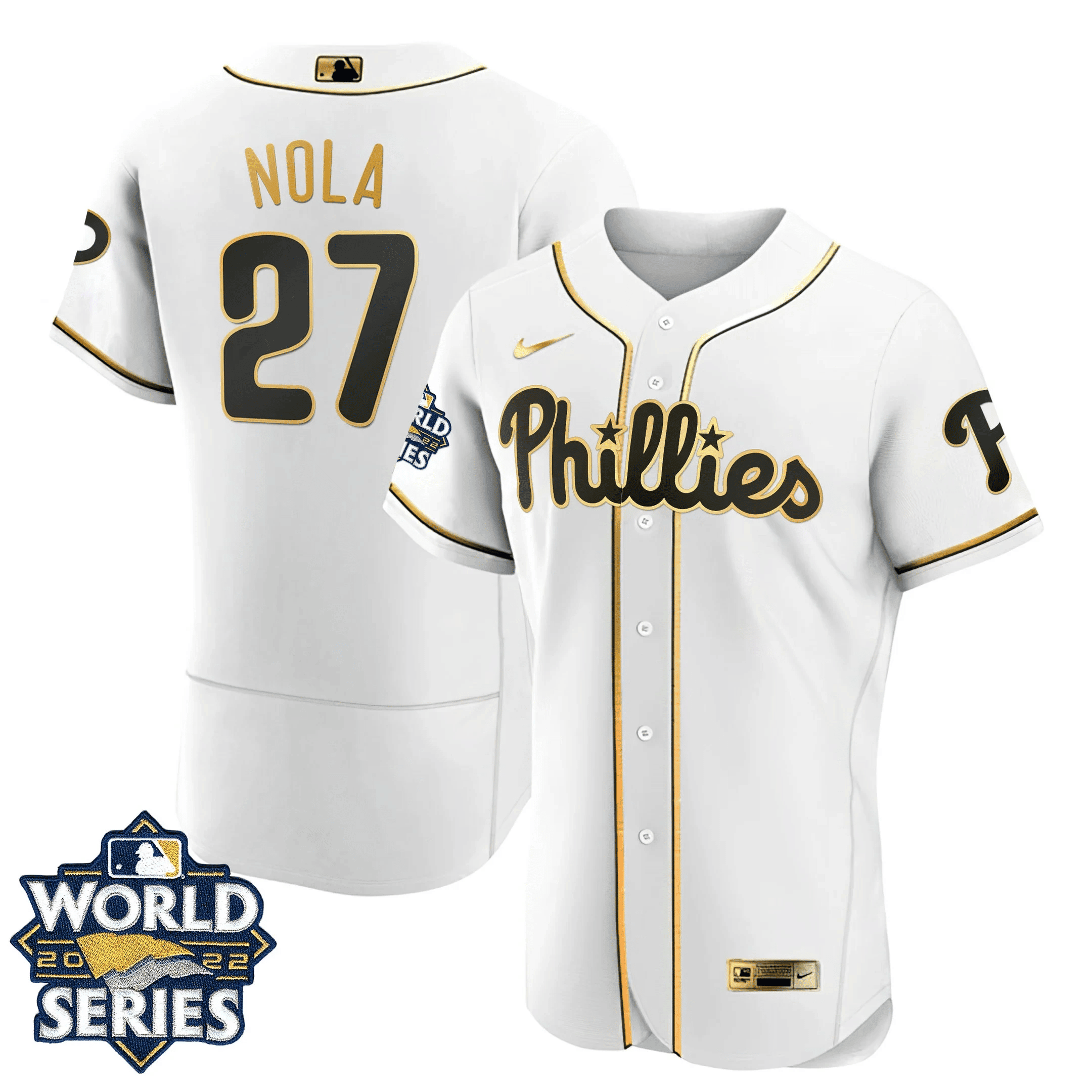 Aaron Nola Men's Philadelphia Phillies Gold 2022 World Series Limited Flex White Jersey - All Stitched