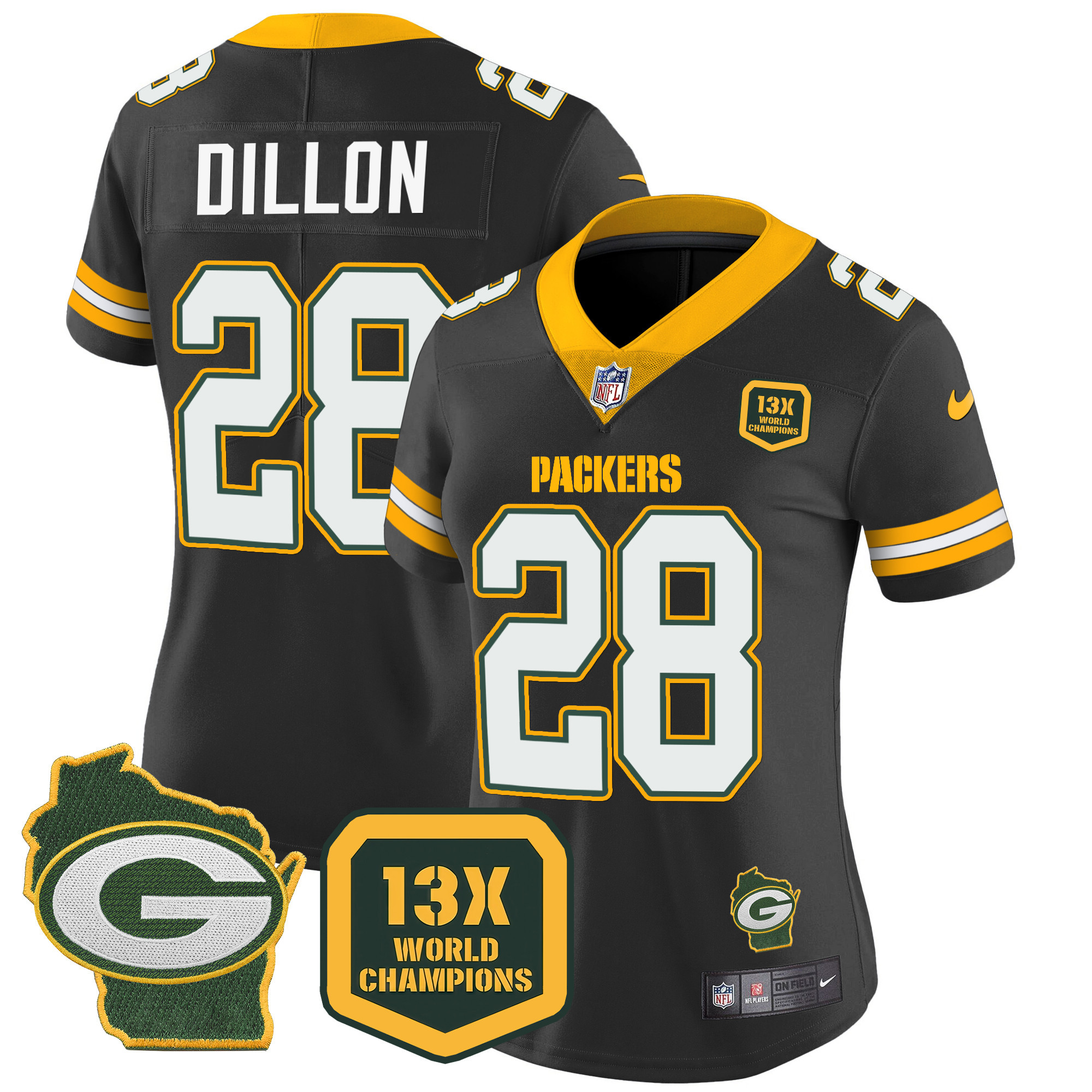 AJ Dillon Women's Green Bay Packers 13 Time World Champions & Home Patch Vapor Black Jersey - All Stitched 