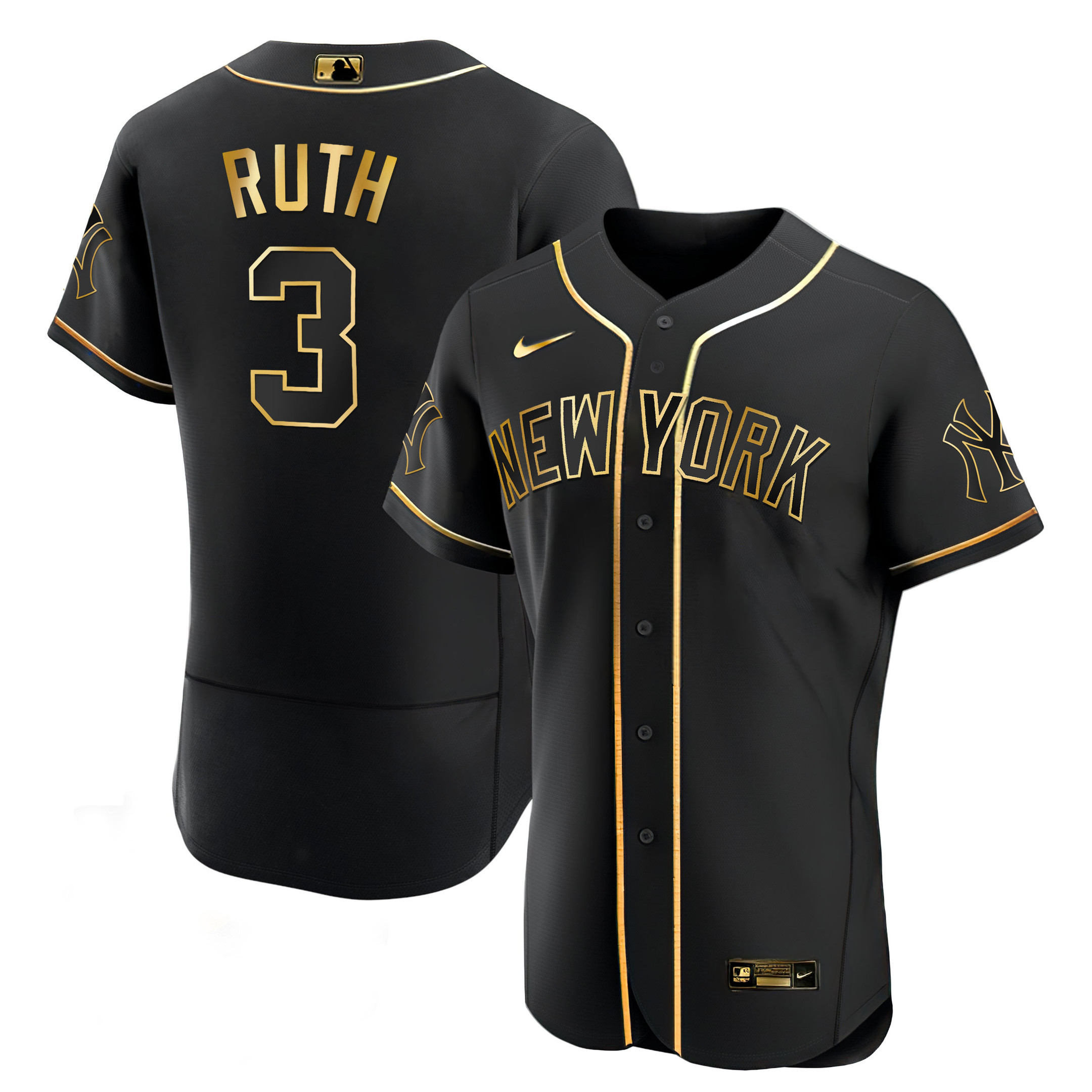 Babe Ruth Men's New York Yankees White Gold & Black Gold Flex Black Jersey - All Stitched