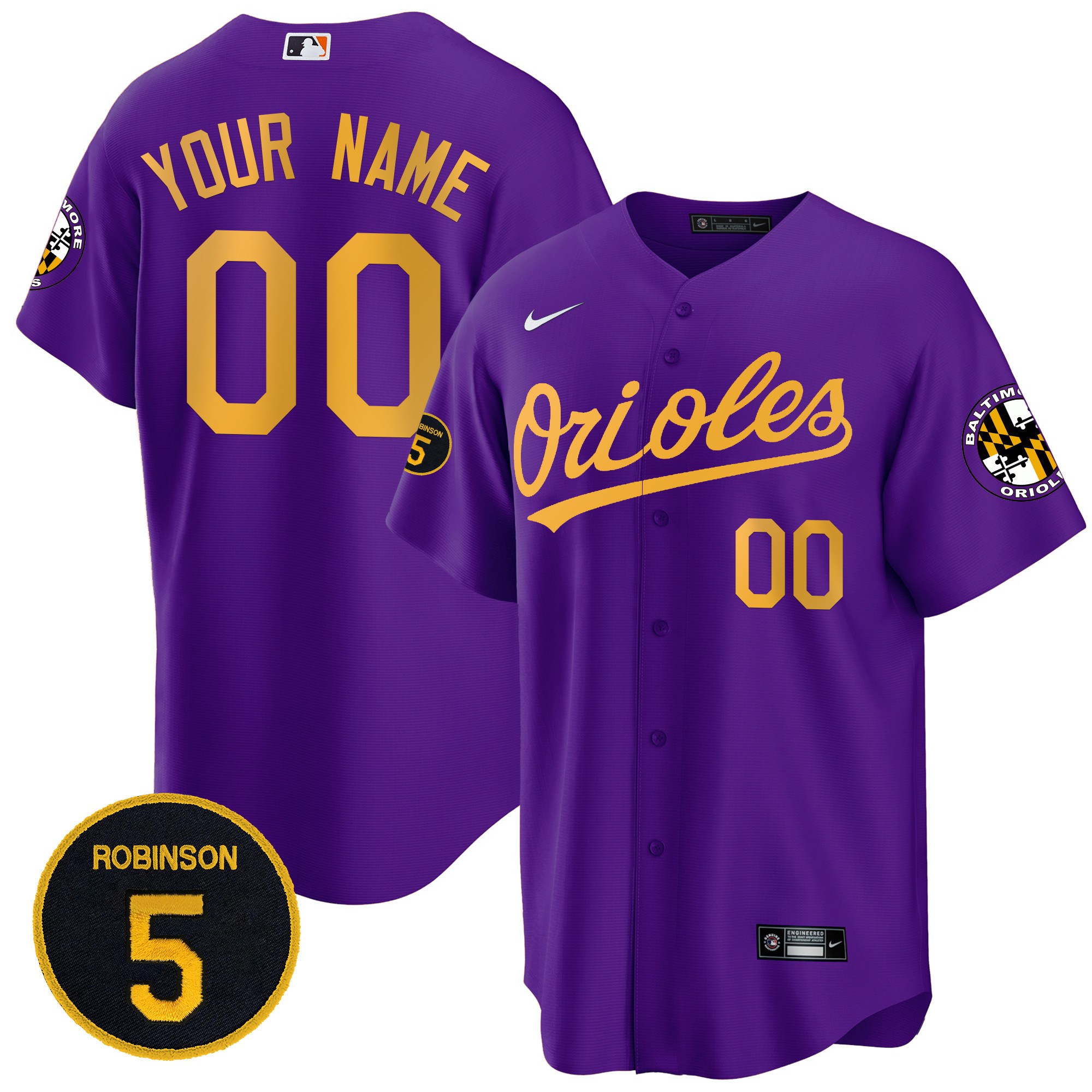 Baltimore Orioles Robinson Patch Cool Base Custom Purple Gold Jersey - All Stitched