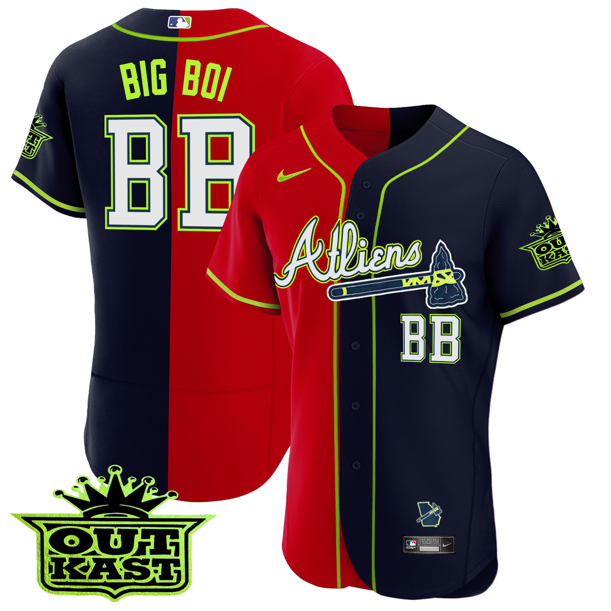 Big Boi Men's Atlanta Braves Atliens Alternate Flex Base Red Split Jersey - All Stitched