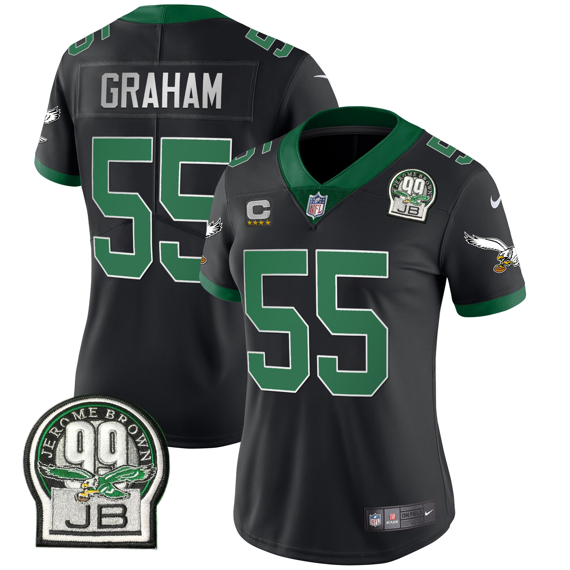 Brandon Graham Women's Philadelphia Eagles Jerome Brown Retired Patch Gold & Kelly Kelly Black Jersey - All Stitched