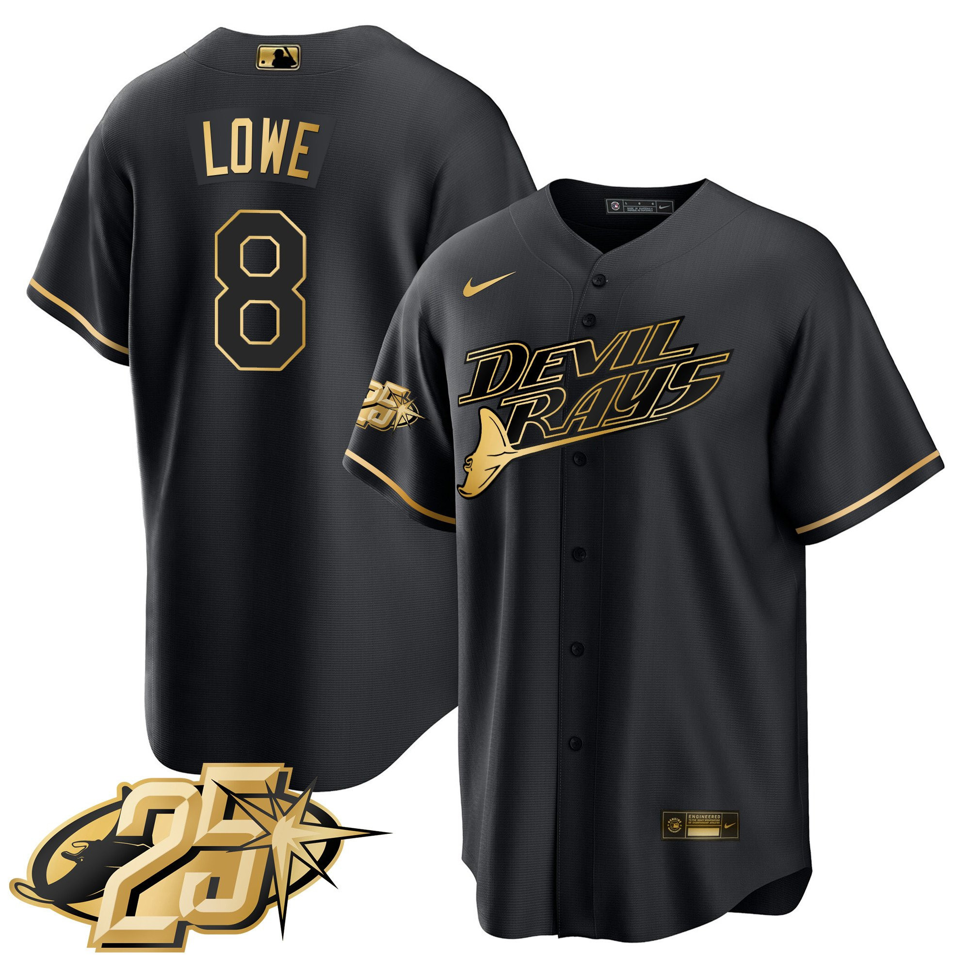 Brandon Lowe Men's Tampa Bay Rays 25th Anniversary Patch Cool Base Black Gold Jersey - All Stitched
