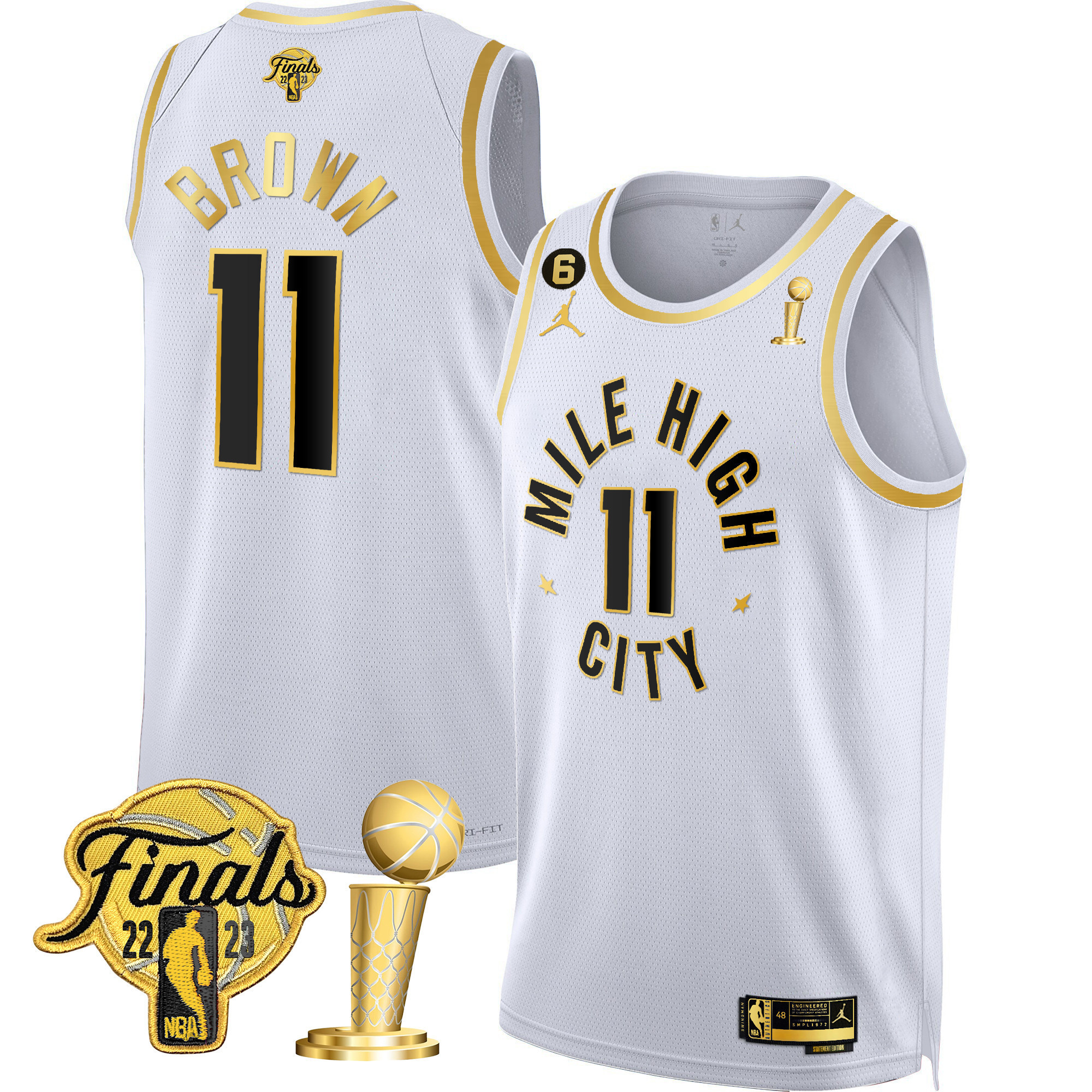 Bruce Brown Men's Denver Nuggets 2023 Finals & Champions Patch Gold Statement White Jersey - All Stitched