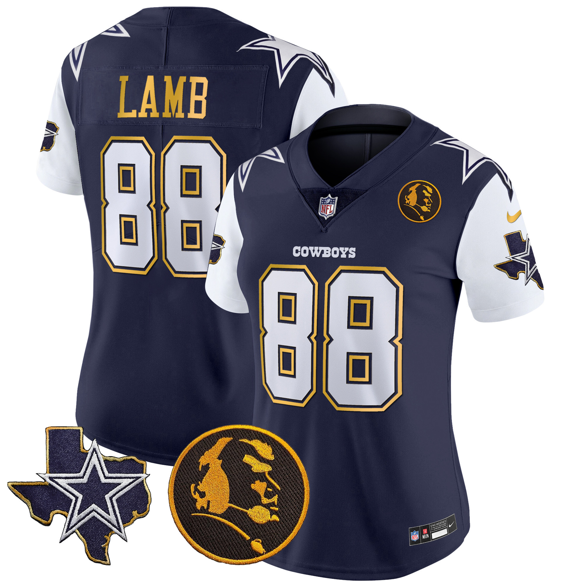 CeeDee Lamb Women's Dallas Cowboys Texas & John Madden Patch Gold Trim Vapor Navy Jersey - All Stitched 