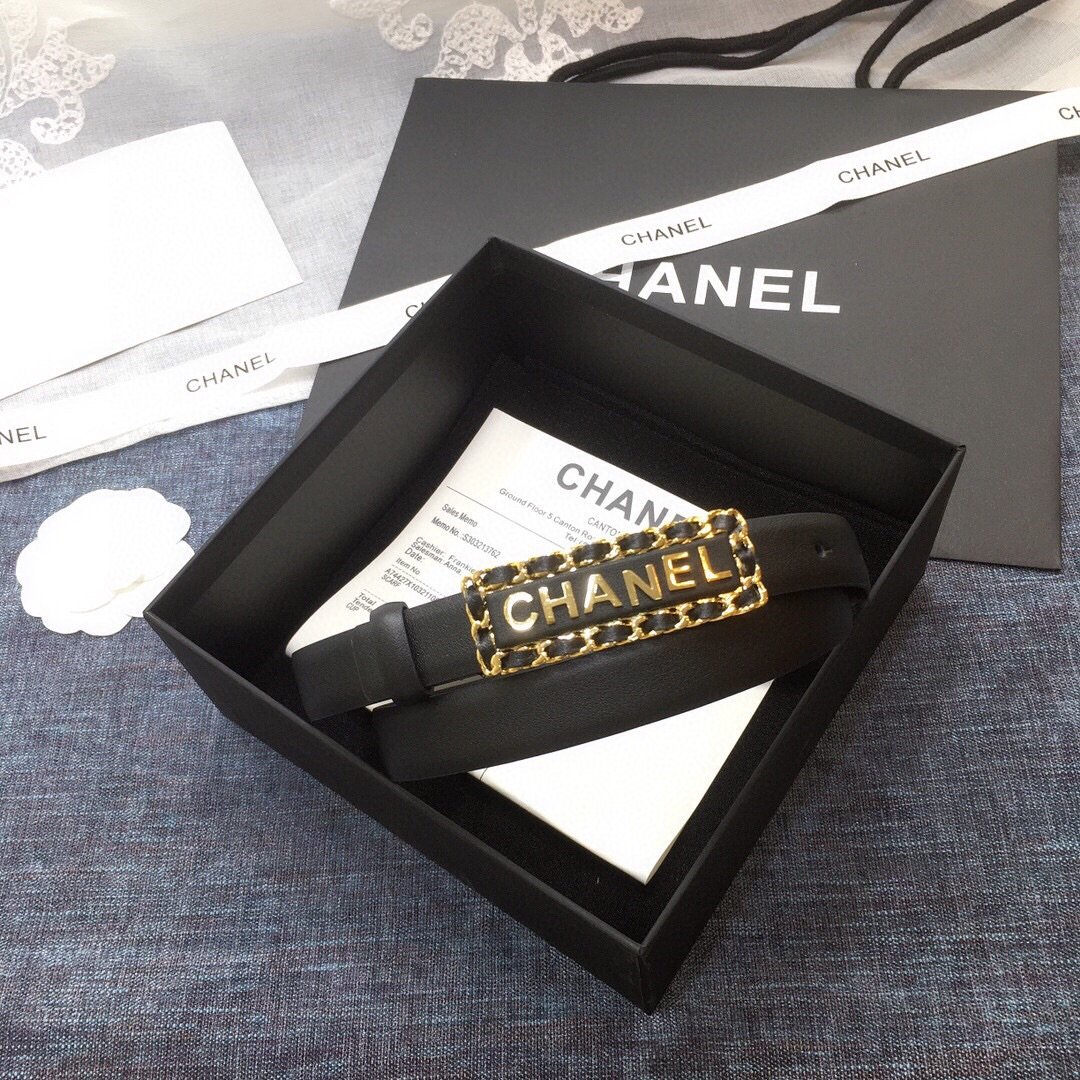 Chanel Belt With Chanel Signature Black with Gold-Toned Metal Hardware Women Belt