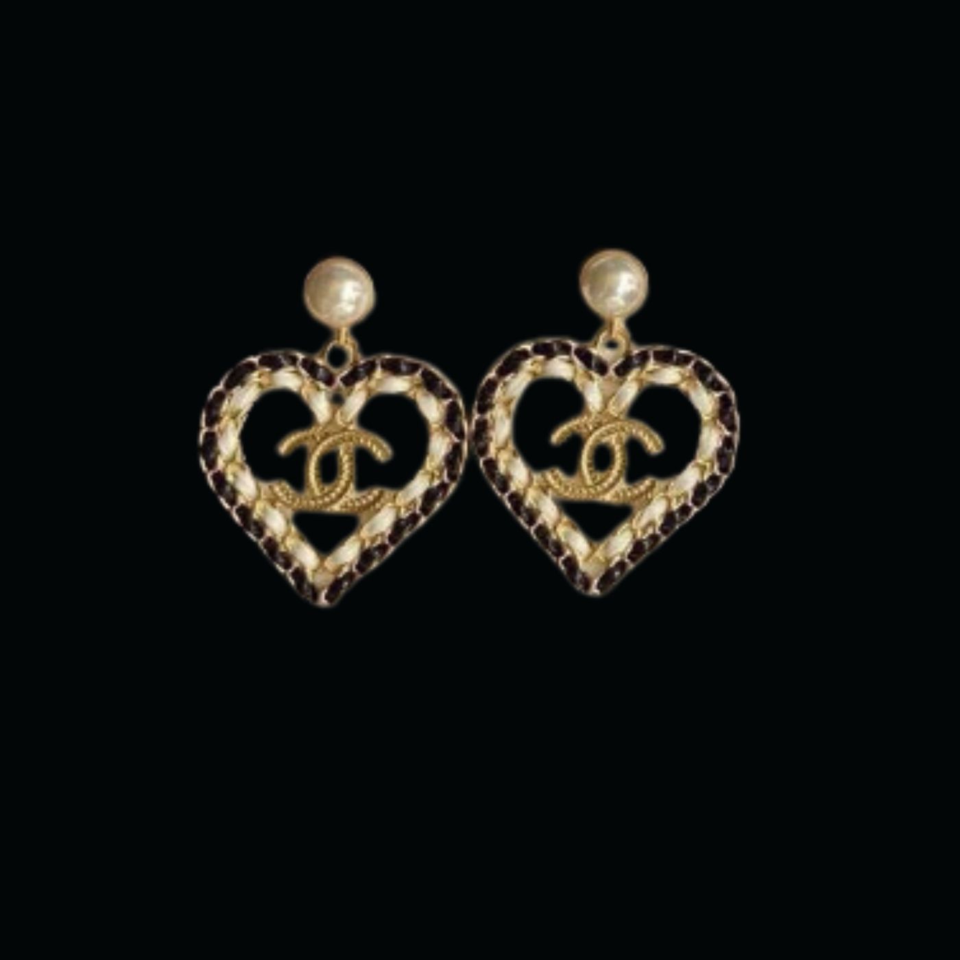 Chanel Black White Borders Heart Earrings Gold Tone For Women