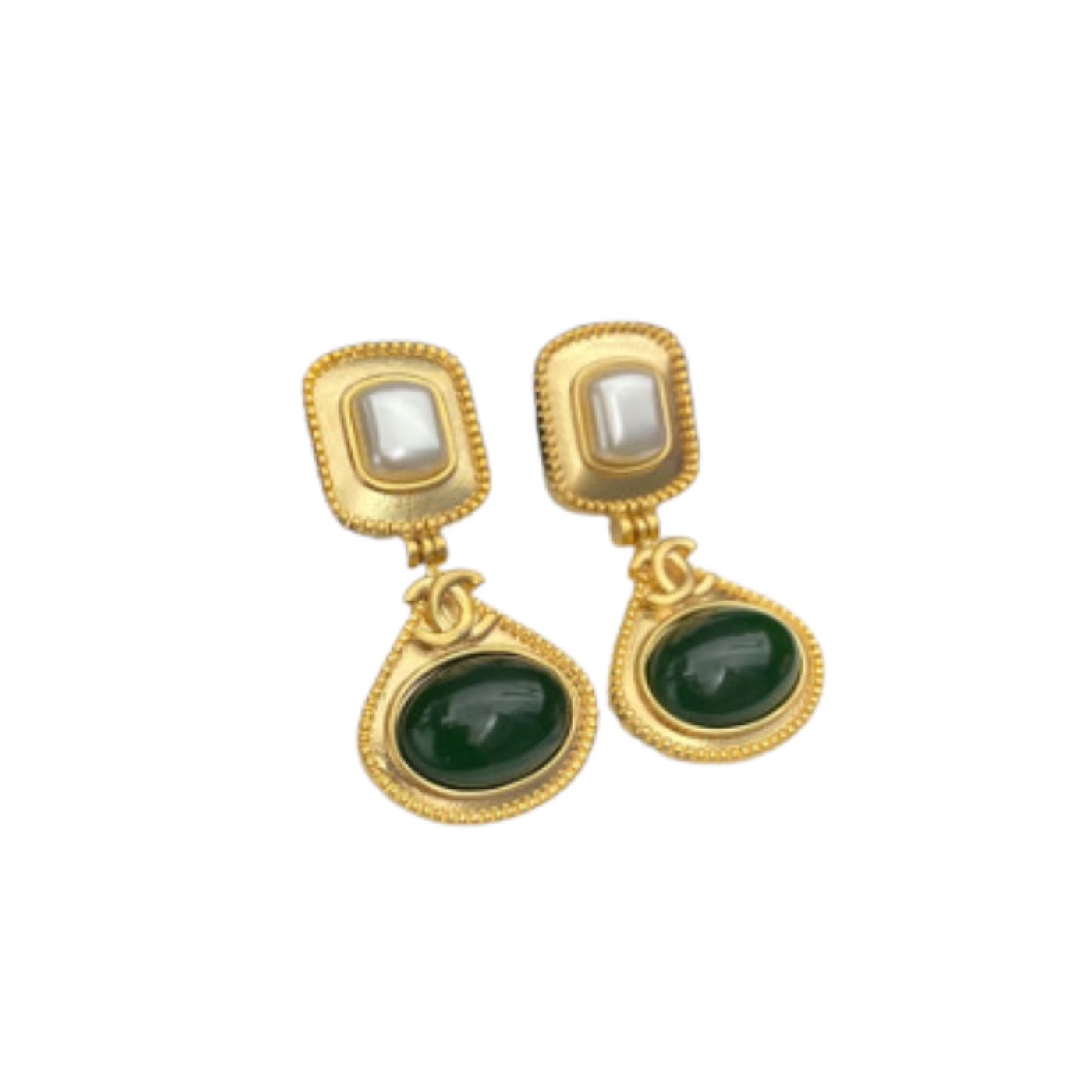 Chanel Dark Green Stone Thick Border Earrings Gold Tone For Women