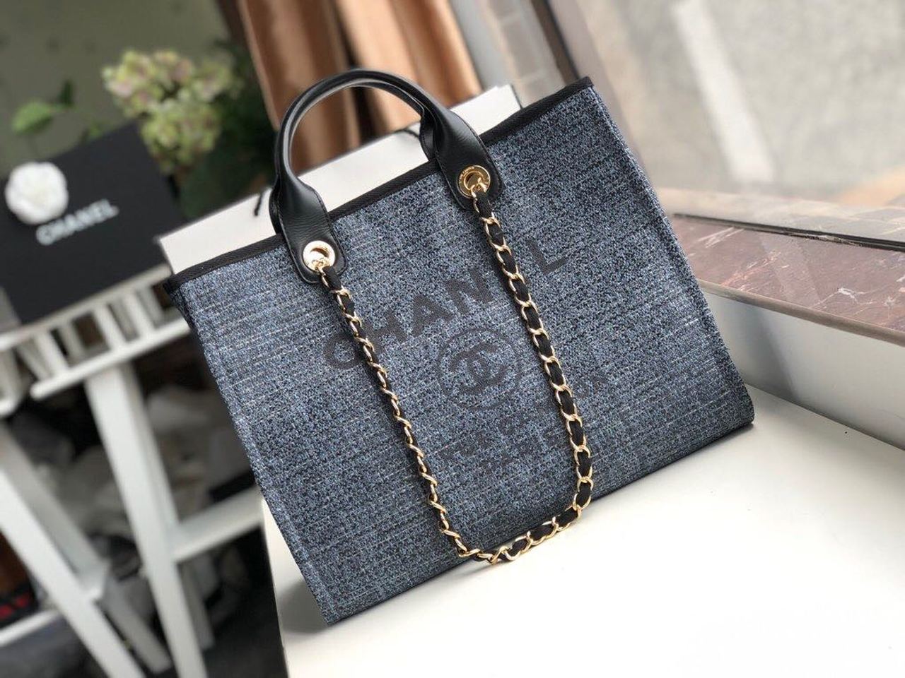 Chanel Deauville Tote 38cm Blue/Black For Women