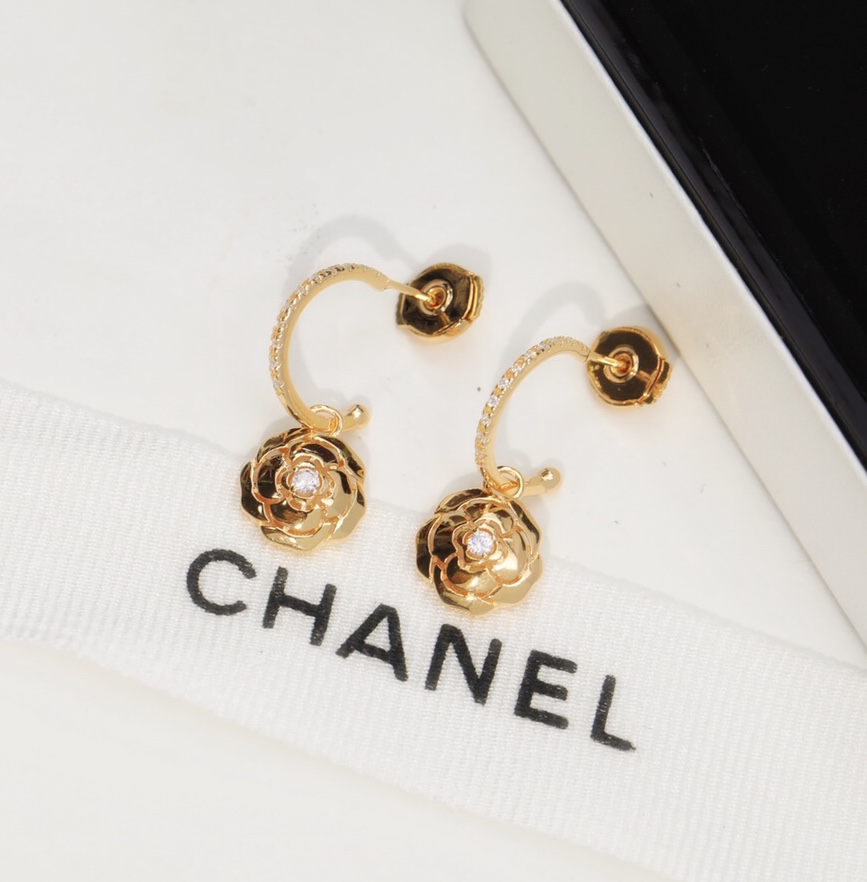 Chanel Hollow Camellia Earrings Gold For Women