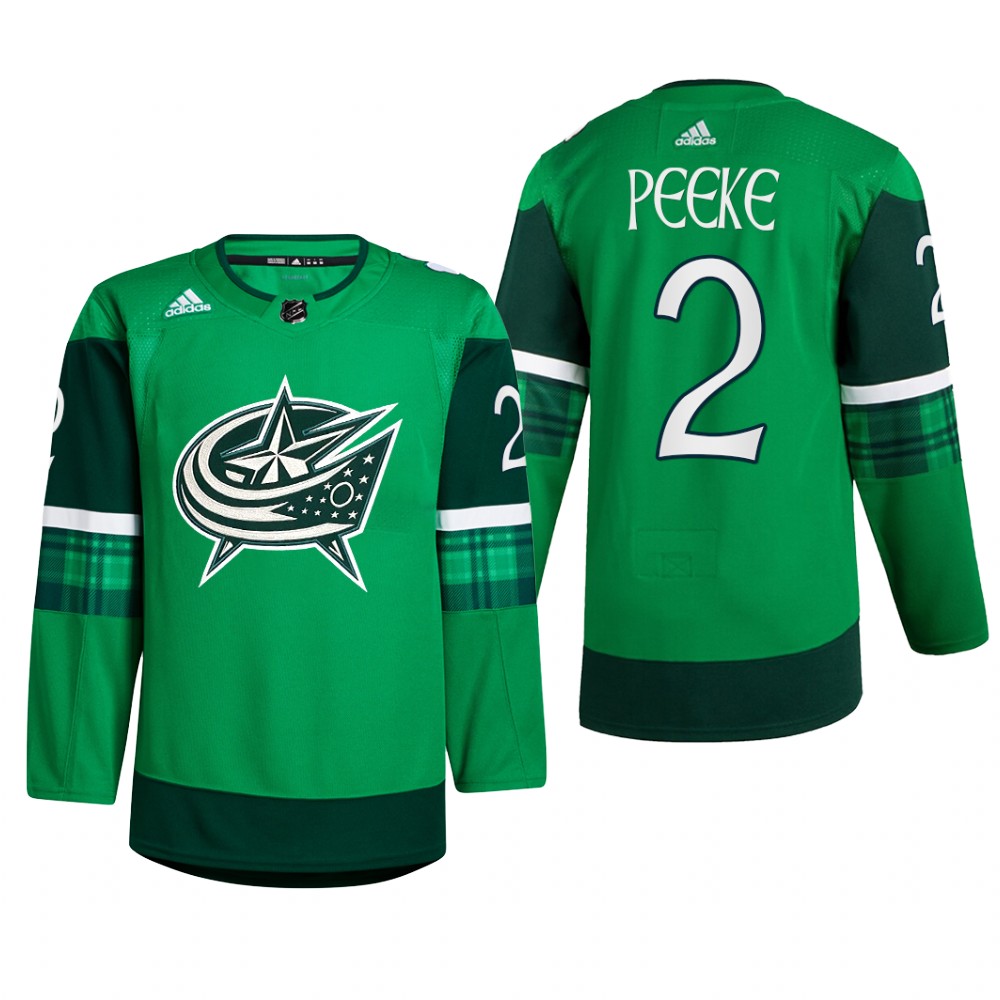 Columbus Blue Jackets Andrew Peeke #2 St. Patricks Day 2022 Green Jersey Warm-Up