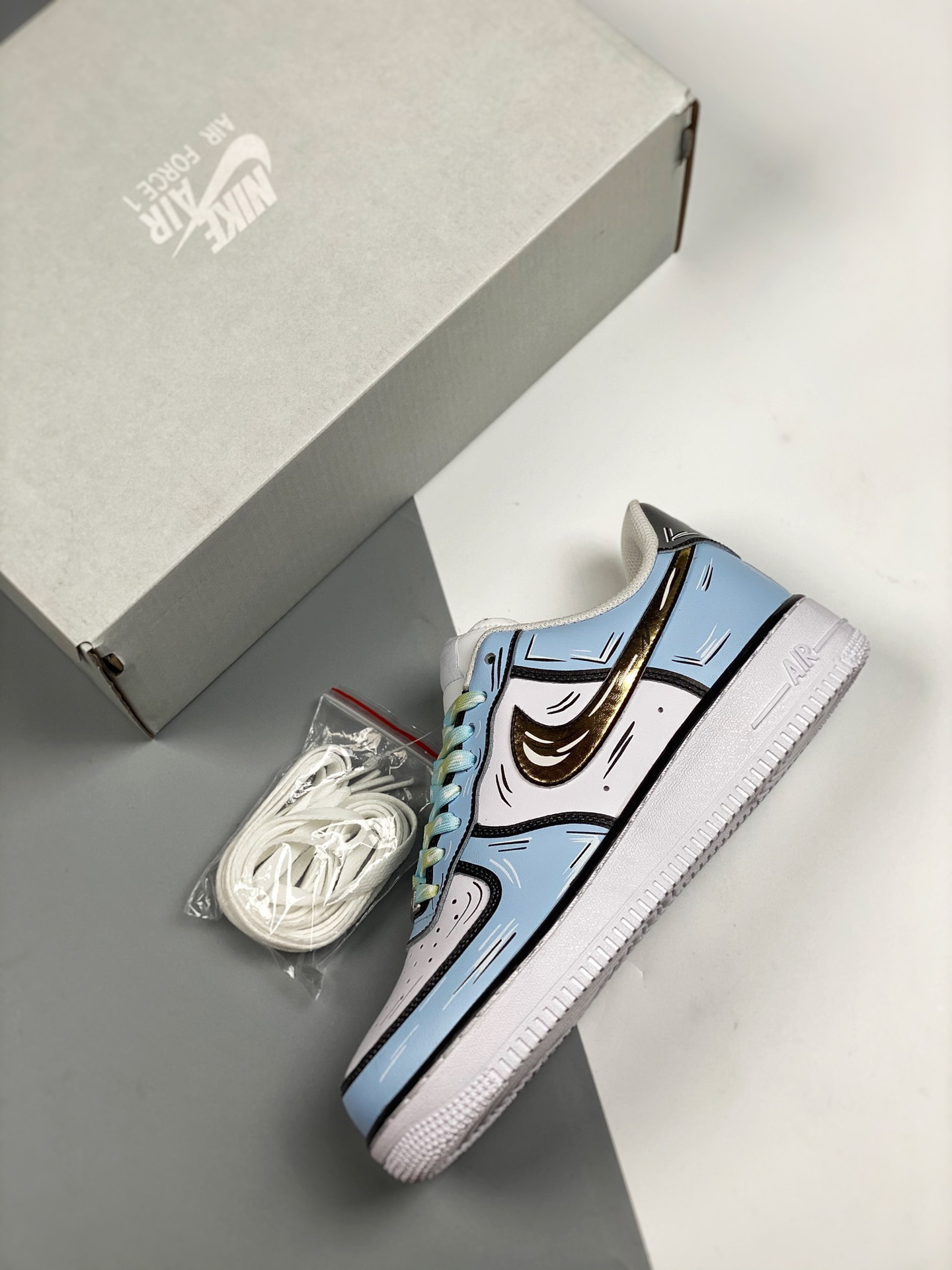 Custom Nike Air Force 1 Low Blue White Gold Black For Sale