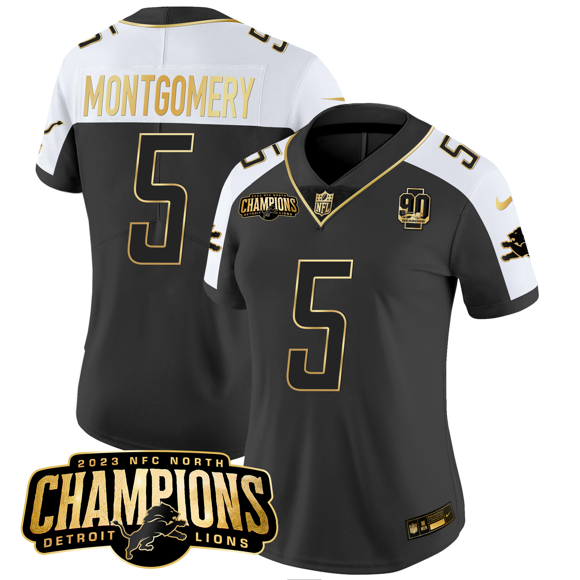 David Montgomery Women's Detroit Lions 2023 NFC North Champions Patch Gold Vapor Alternate Jersey - All Stitched 