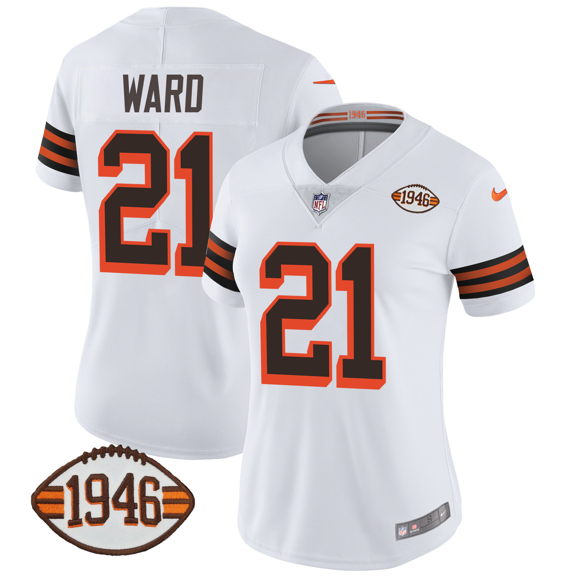 Denzel Ward Women's Cleveland Browns 1946 75th Anniversary Patch 1946 White Jersey - All Stitched