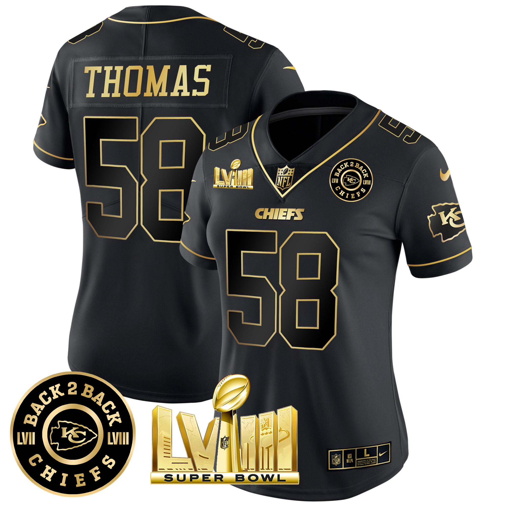 Derrick Thomas Women's Kansas City Chiefs Super Bowl LVIII & Back 2 Back Patch Vapor Black Gold Jersey - All Stitched 