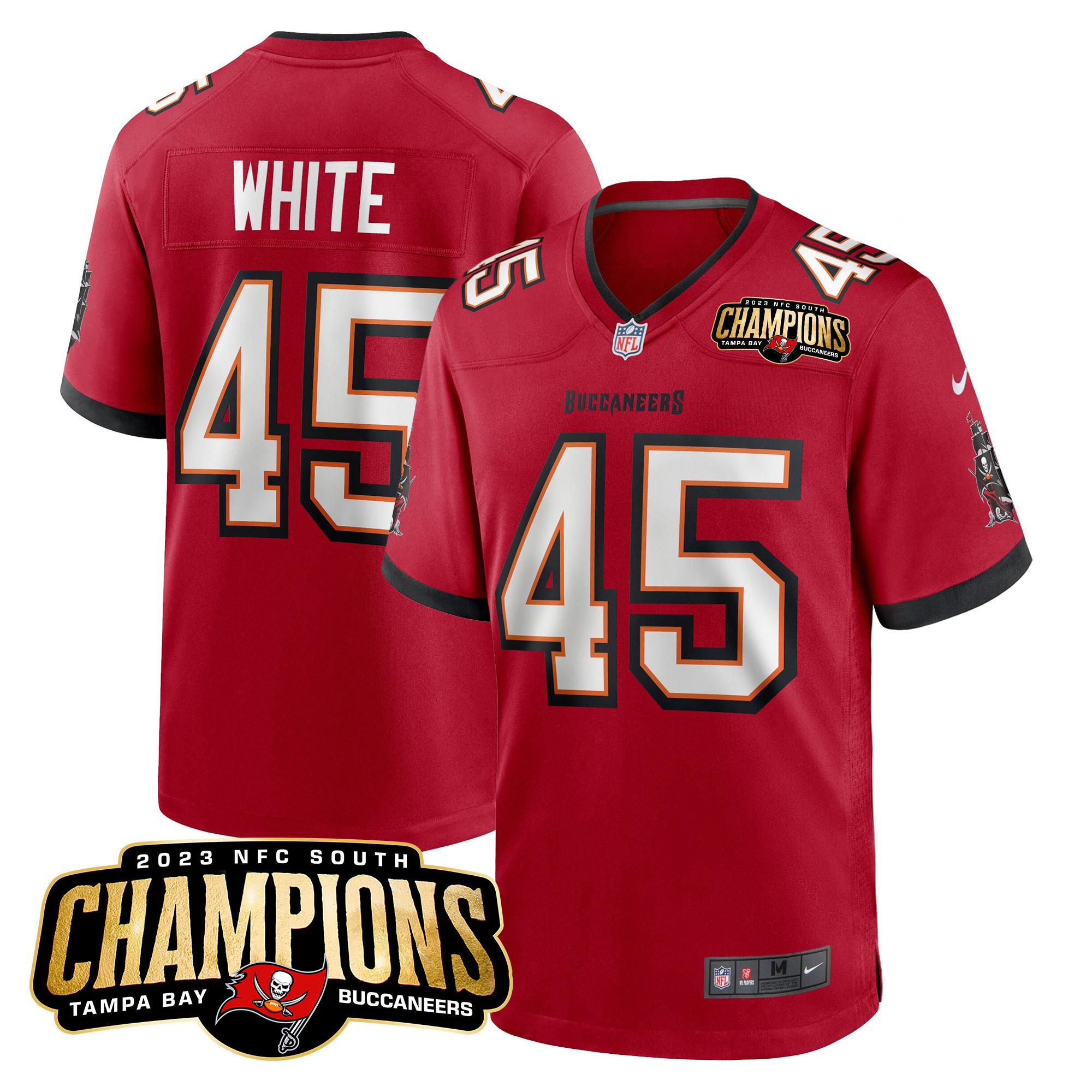 Devin White Men's Tampa Bay Buccaneers 2023 NFC South Champions Patch Game Red Jersey - All Stitched 