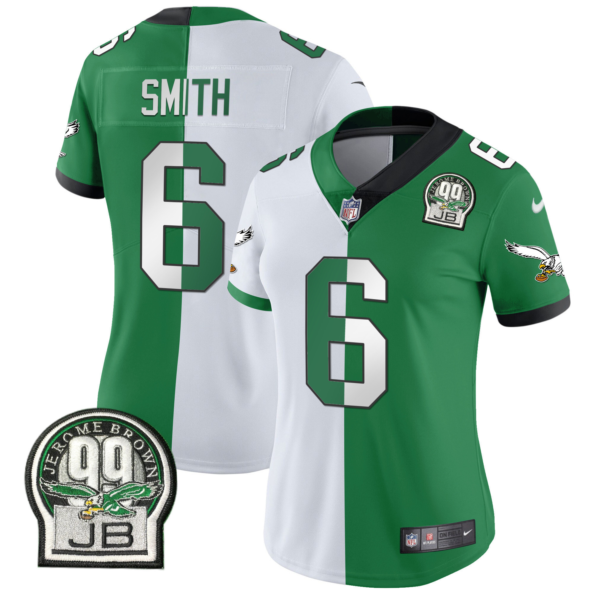 DeVonta Smith Women's Philadelphia Eagles Jerome Brown Retired Patch Gold & Kelly Split Jersey - All Stitched