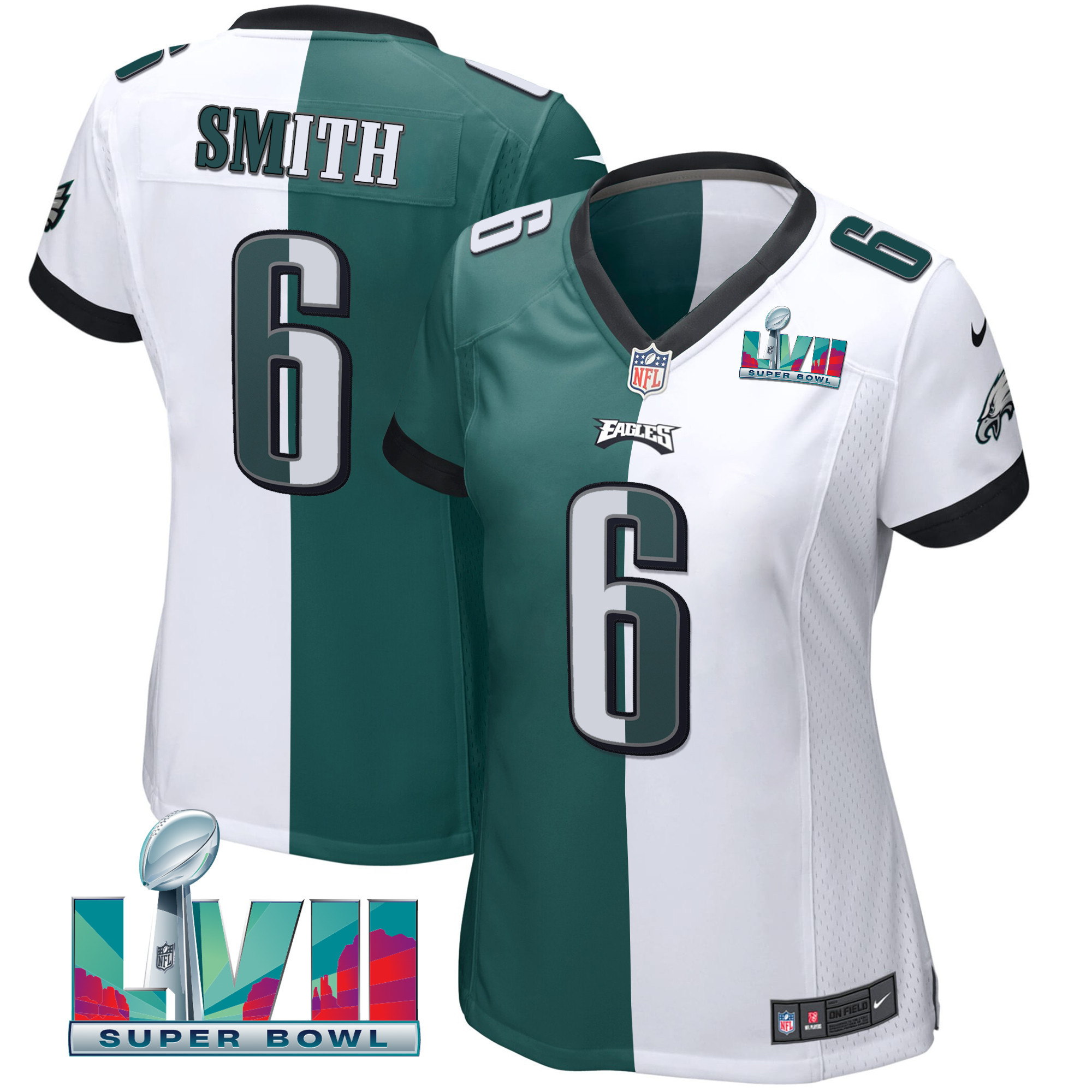 DeVonta Smith Women's Philadelphia Eagles Super Bowl LVII Split Split White Green Jersey - All Stitched
