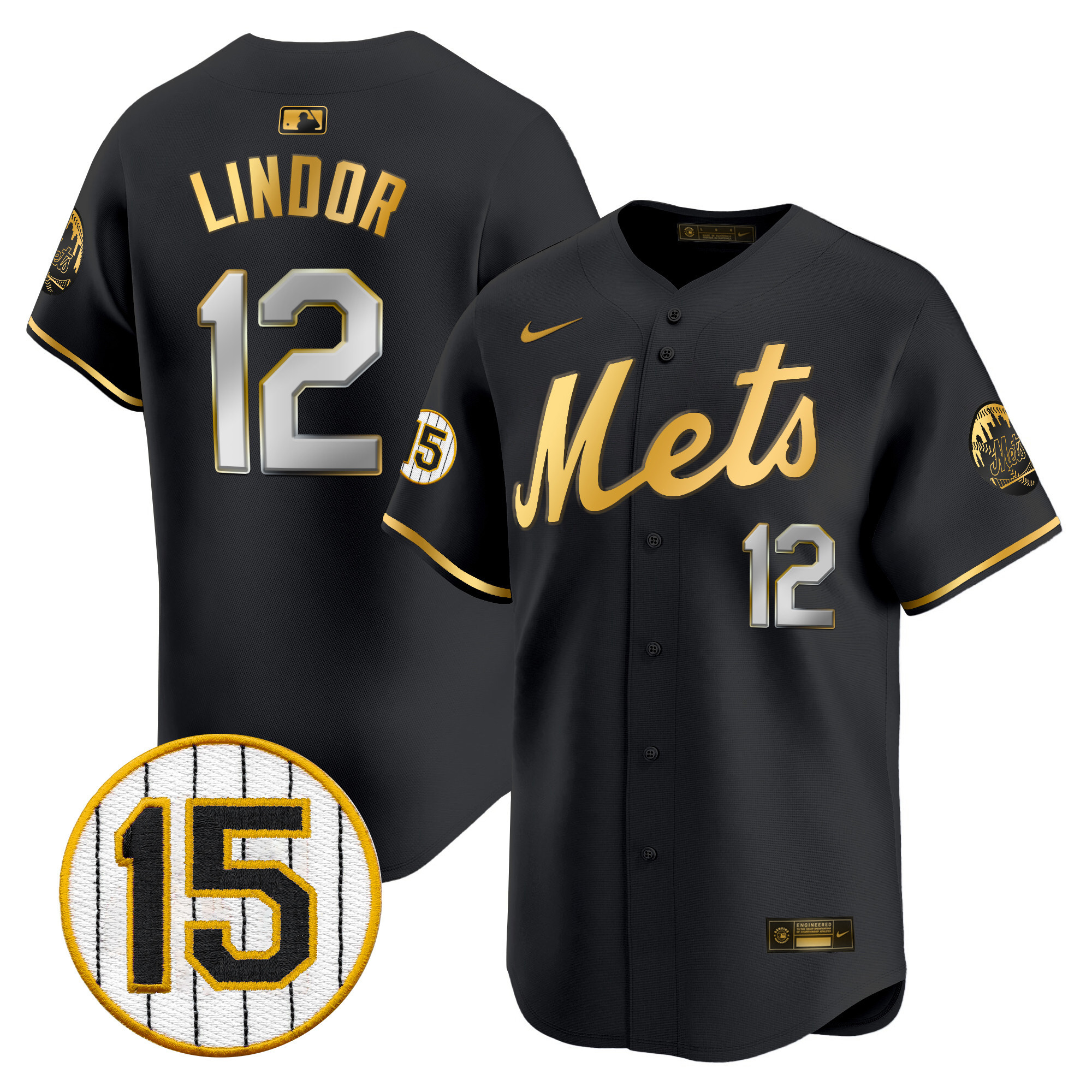 Francisco Lindor Men's New York Mets Jerry Grote Patch Vapor Premier Limited Black Gold Jersey - All Stitched