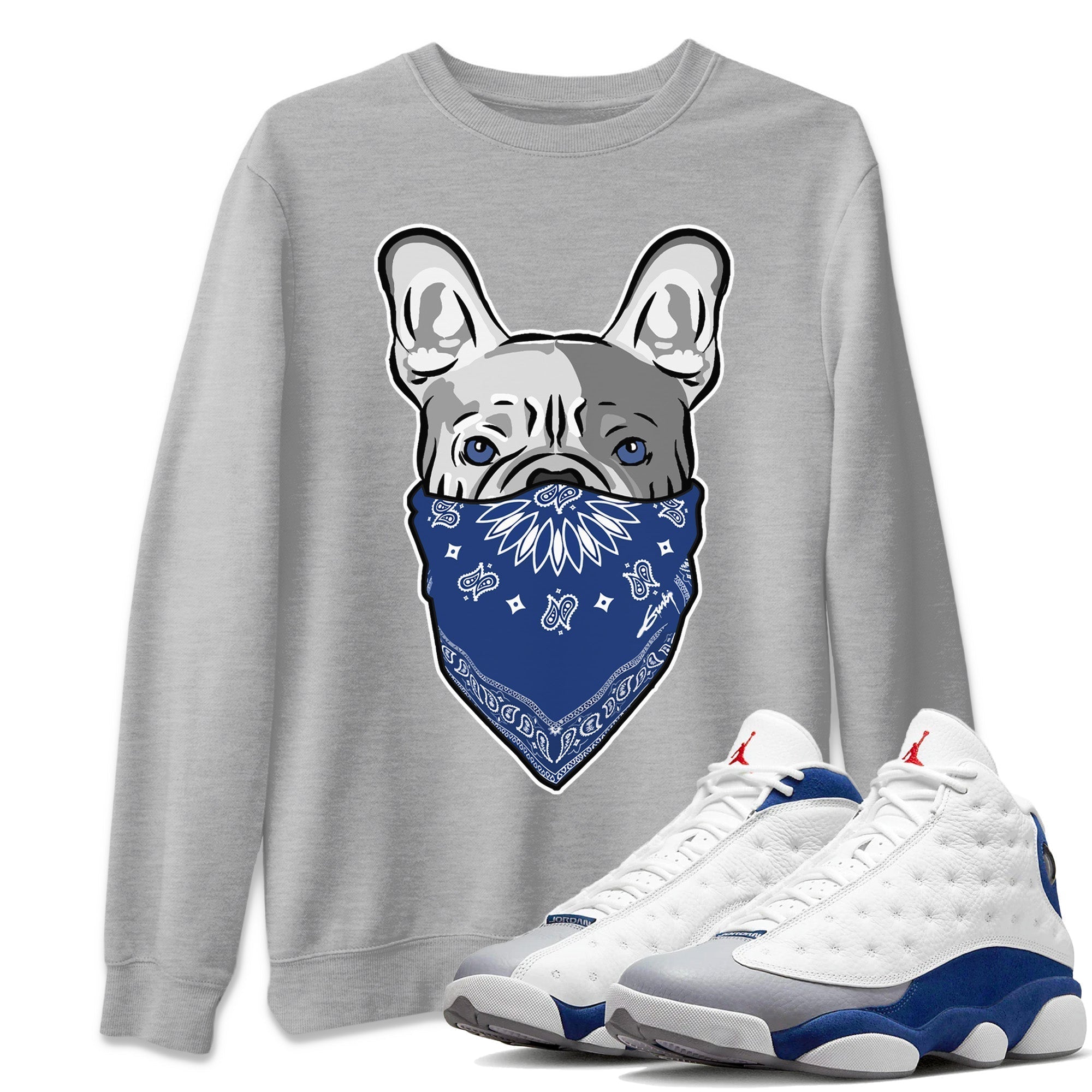 French Bulldog Bandana Unisex Sweater – Air Jordan 13 French Blue, Sneakers Matching Sweater