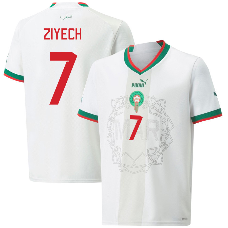 Hakim Ziyech 7 Morocco National Team 2022-23 Qatar World Cup Men Away Soccer Jersey – White