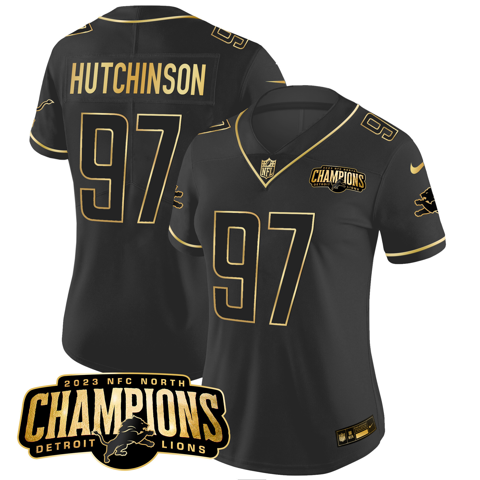 Hutchinson Women's Detroit Lions 2023 NFC North Champions Patch Gold Vapor Black Gold Jersey - All Stitched 