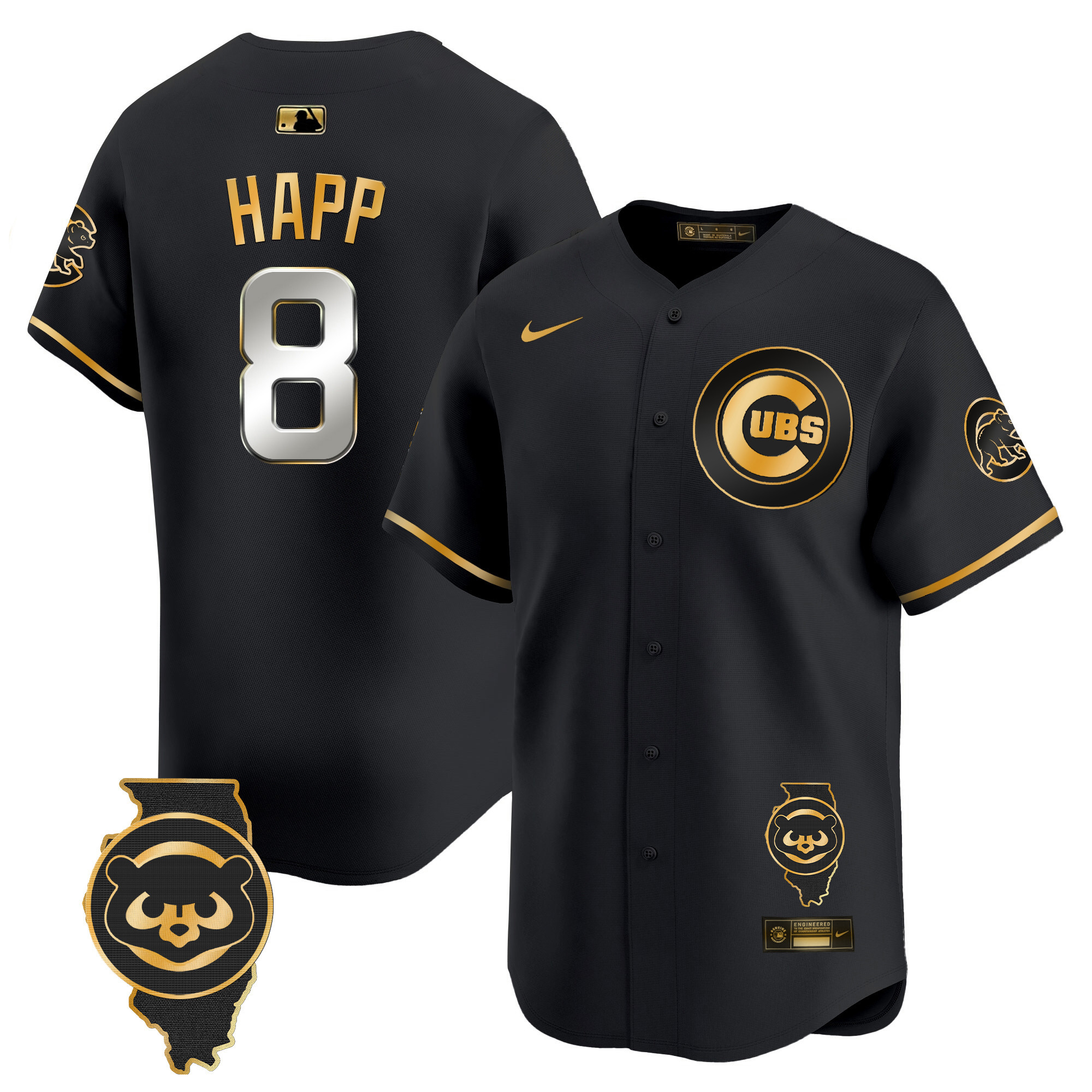 Ian Happ Men's Chicago Cubs Illinois Patch Vapor Premier Limited V2 Black Gold Jersey - All Stitched