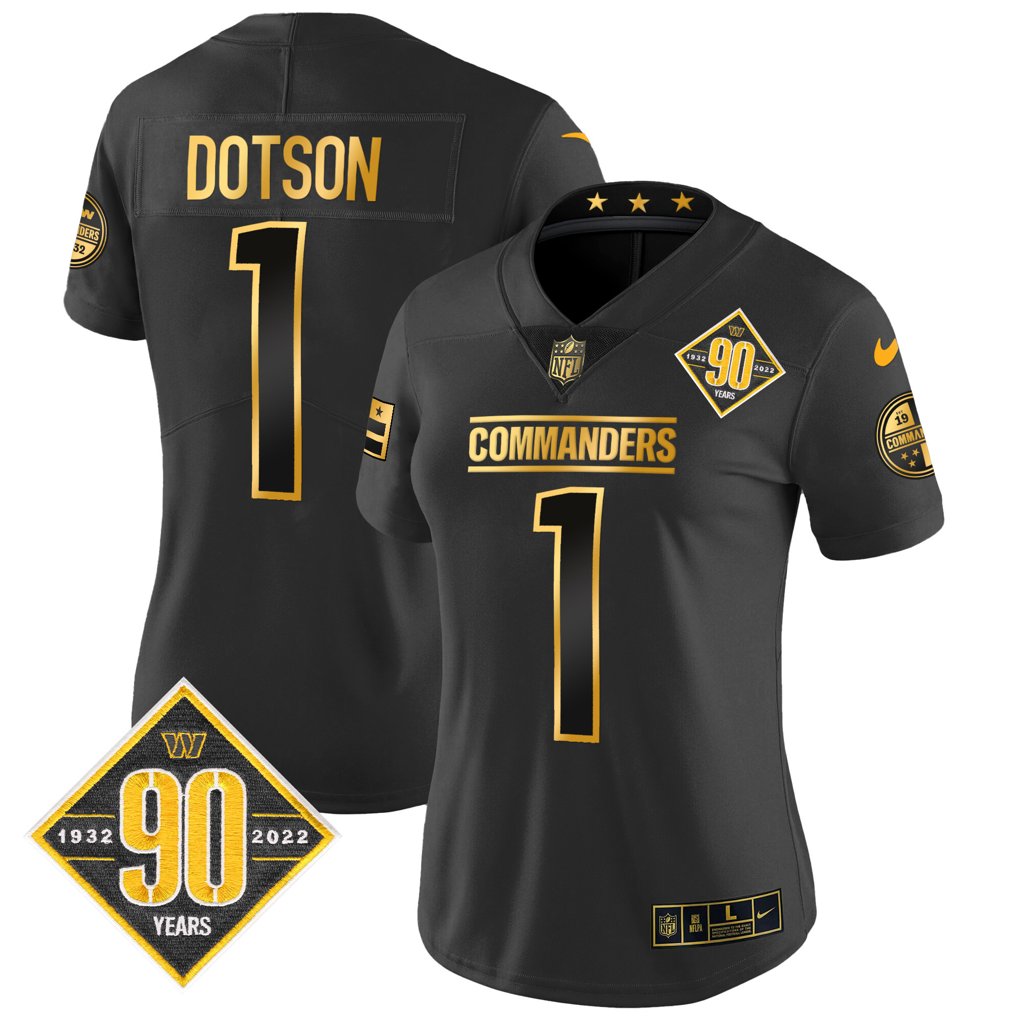 Jahan Dotson Women's Washington Commanders 90th Anniversary Patch Gold Vapor Black Gold Jersey - All Stitched 