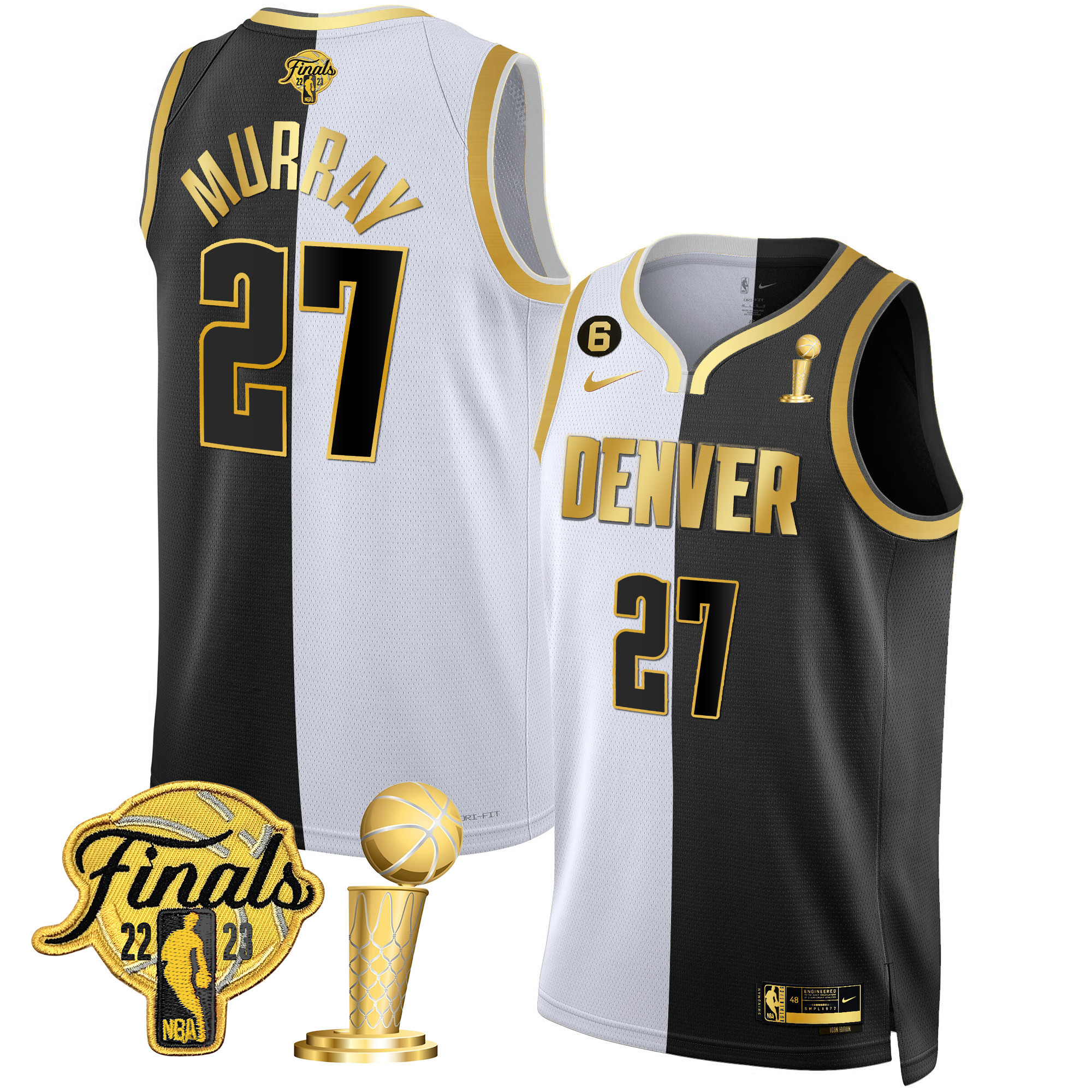 Jamal Murray Men's Denver Nuggets 2023 Finals & Champions Black & White Gold Split Jersey - All Stitched