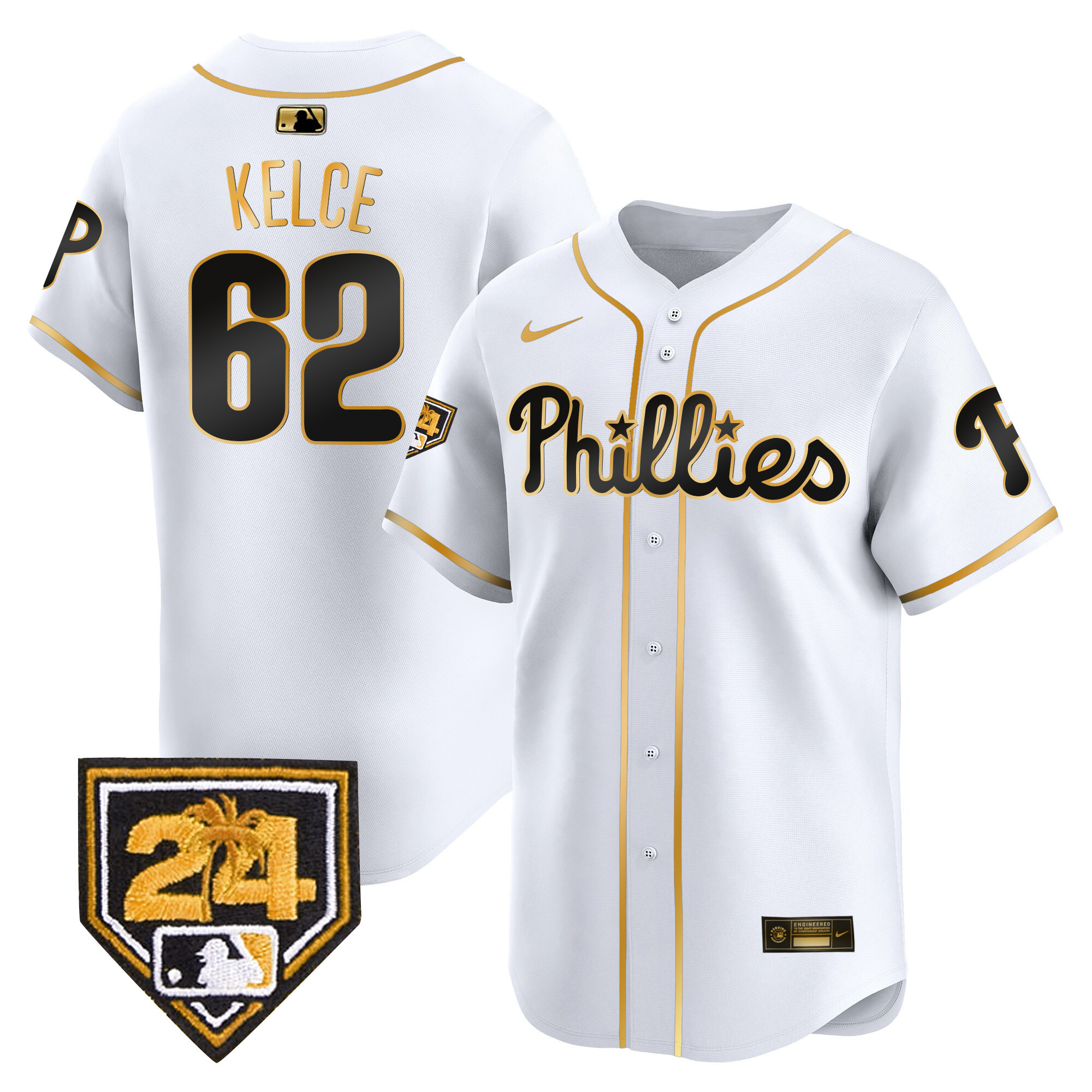 Jason Kelce Men's Philadelphia Phillies 2024 Spring Training Patch Vapor Premier Limited White Gold Jersey - All Stitched