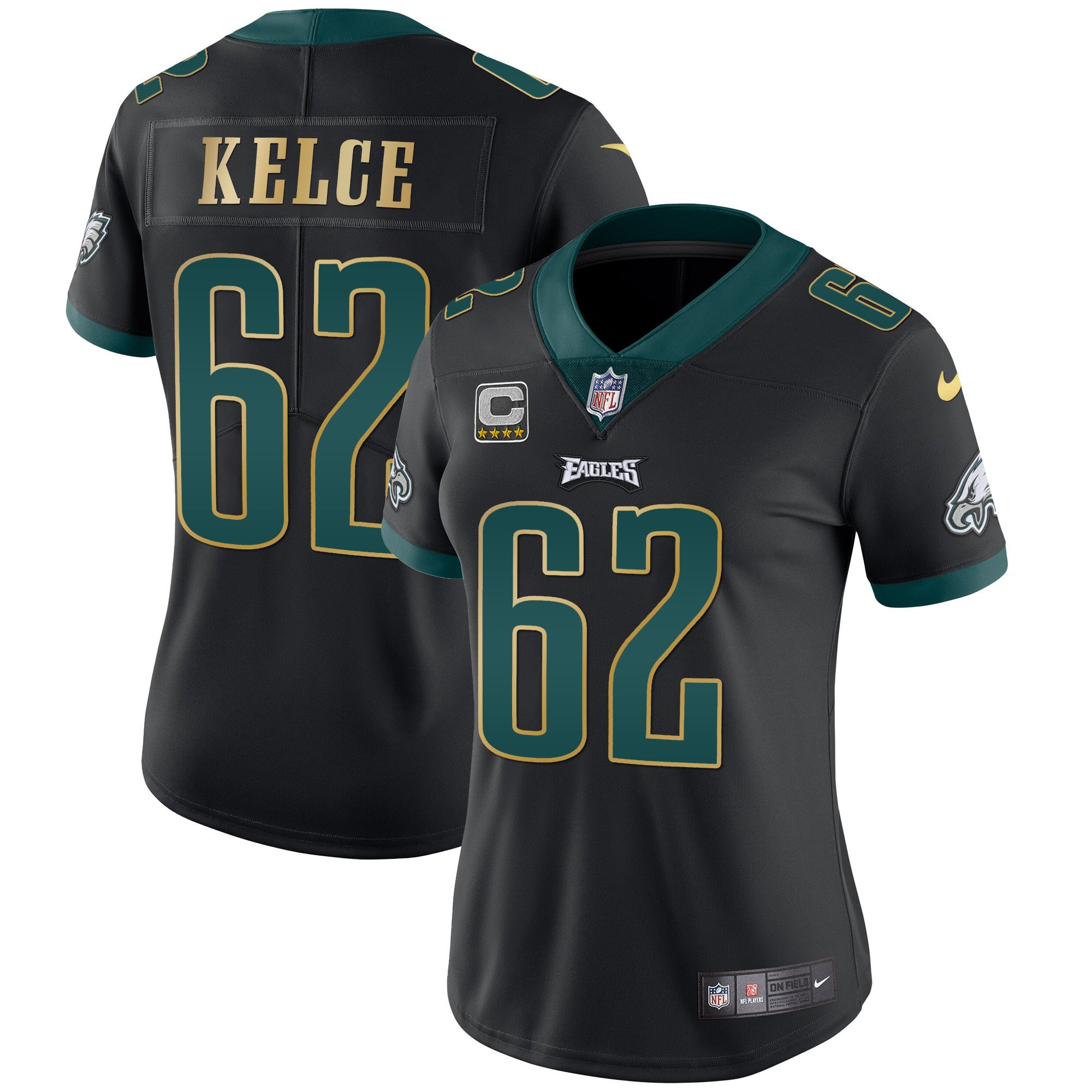 Jason Kelce Women's Philadelphia Eagles Gold Trim Vapor Player Black Gold Trim Jersey - All Stitched