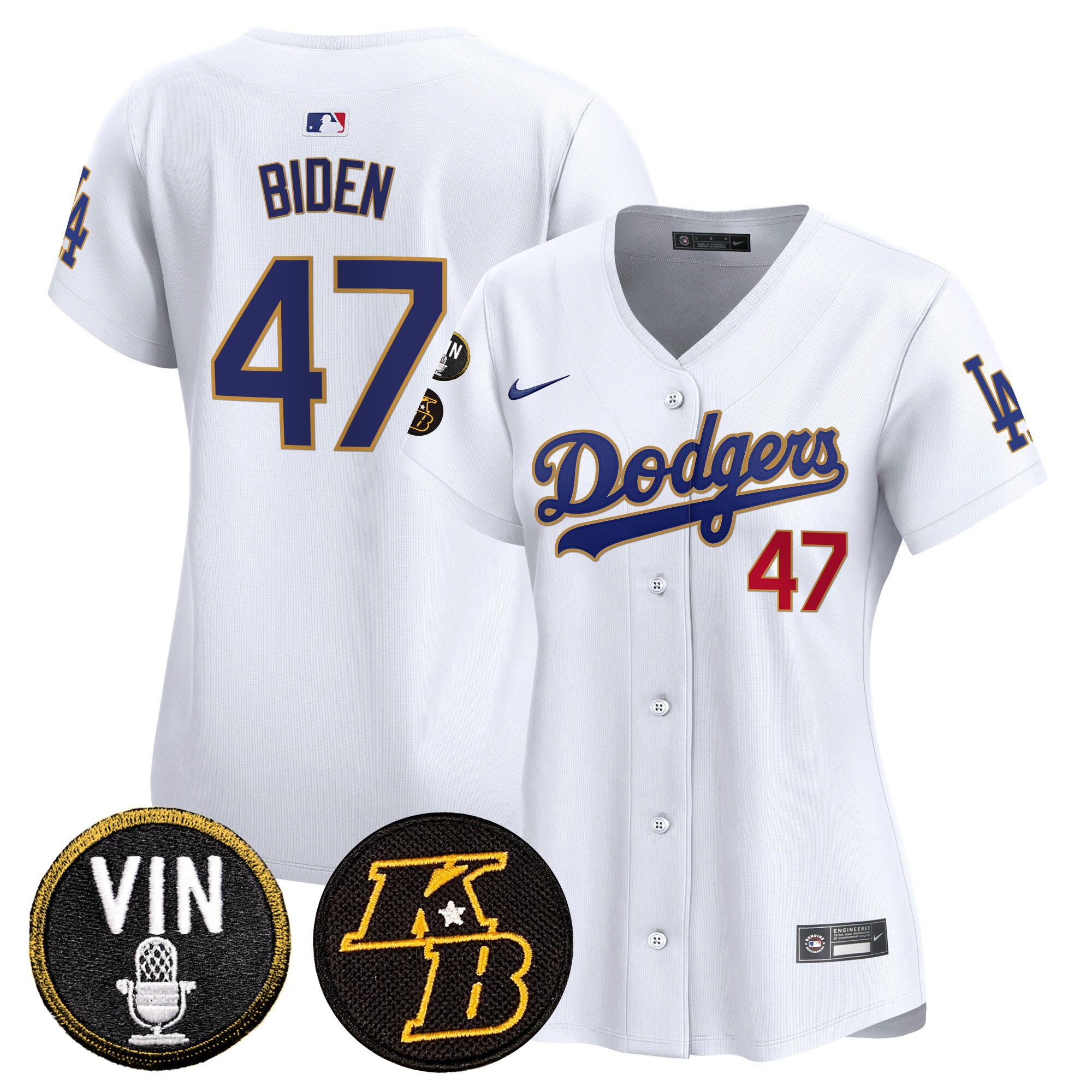 Joe Biden Women's Los Angeles Dodgers Vin & Kobe Patch Gold Trim Vapor Premier Limited White Jersey - All Stitched
