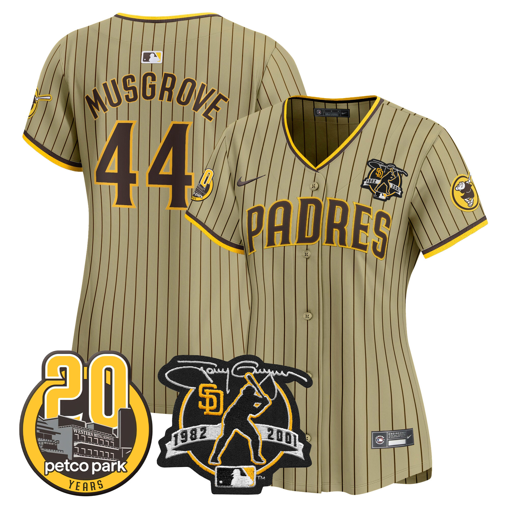 Joe Musgrove Women's San Diego Padres Tony Gwynn & Petco Park 20th Patch Vapor Premier Limited Tan Jersey - All Stitched