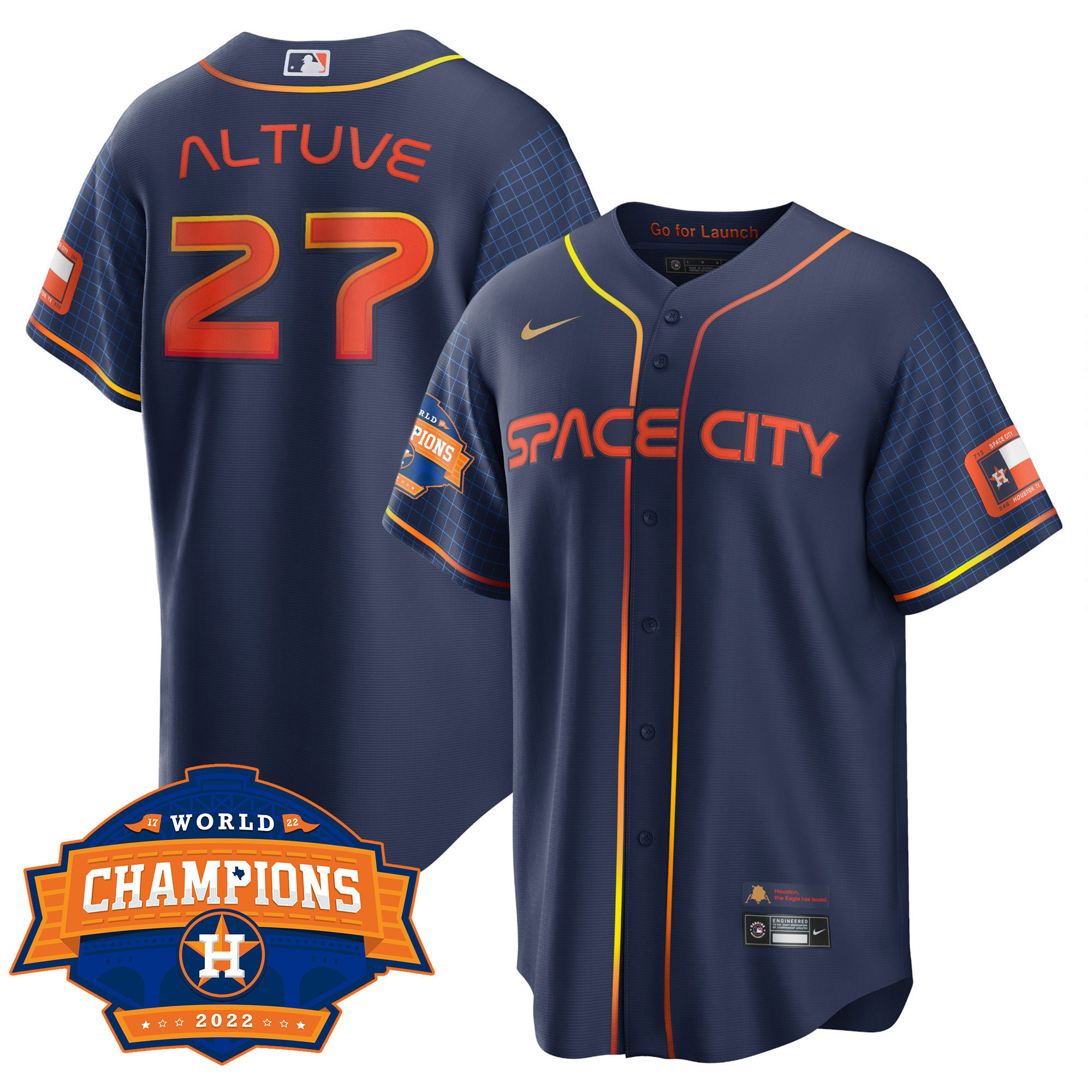 José Altuve Men's Houston Astros Space City 2022 World Series Champions Patch Limited Cool Navy Jersey - All Stitched