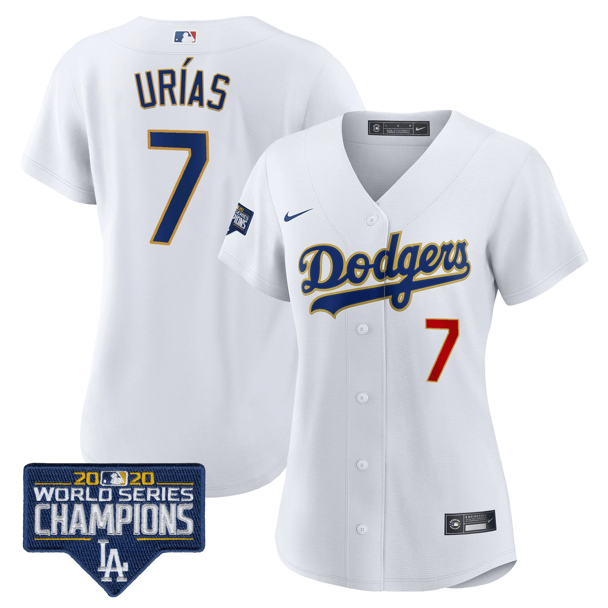 Julio Urías Women's Los Angeles Dodgers World Series Champions Patch Gold Trim White Jersey - All Stitched