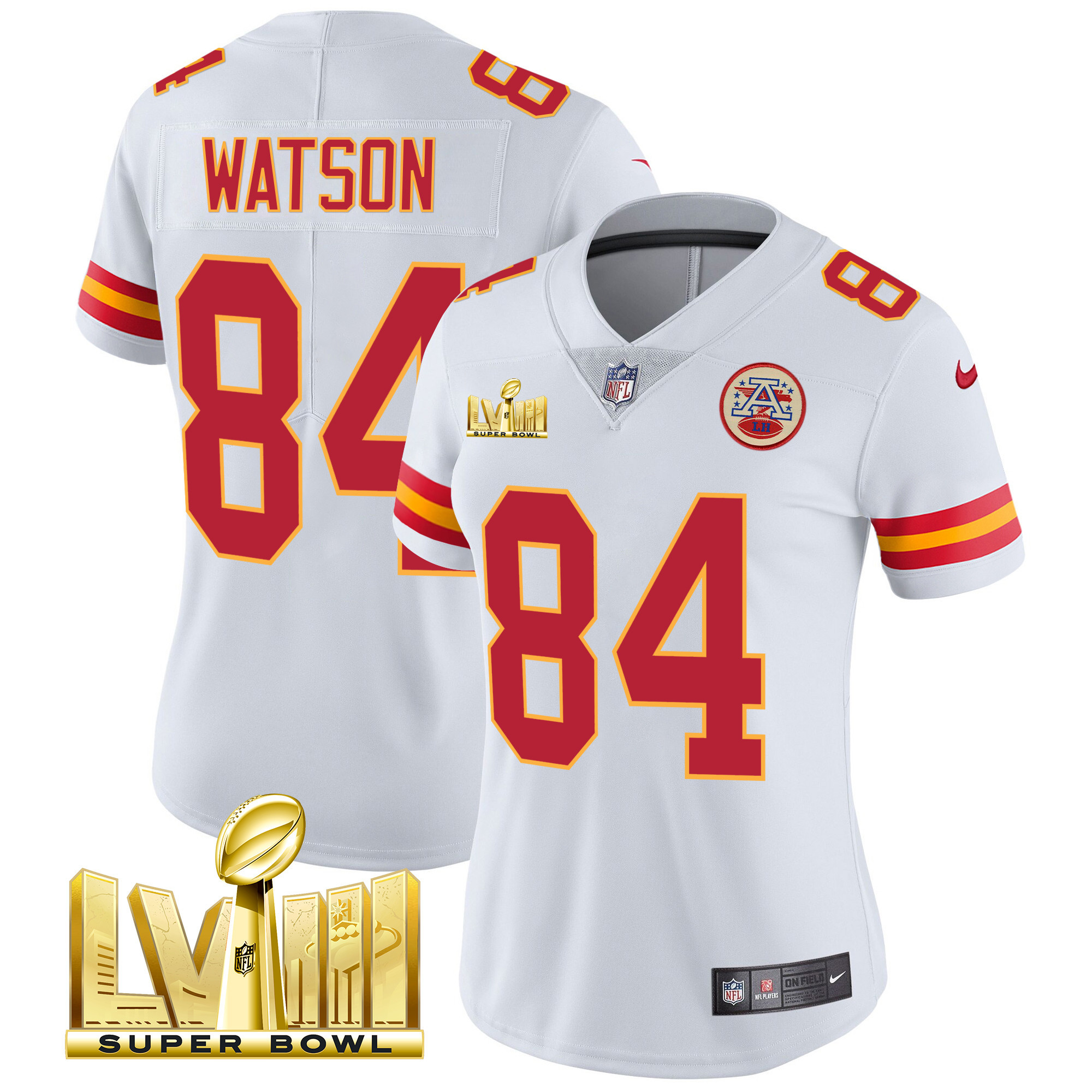 Justin Watson Women's Kansas City Chiefs Super Bowl LVIII Gold Patch Vapor White Jersey - All Stitched 
