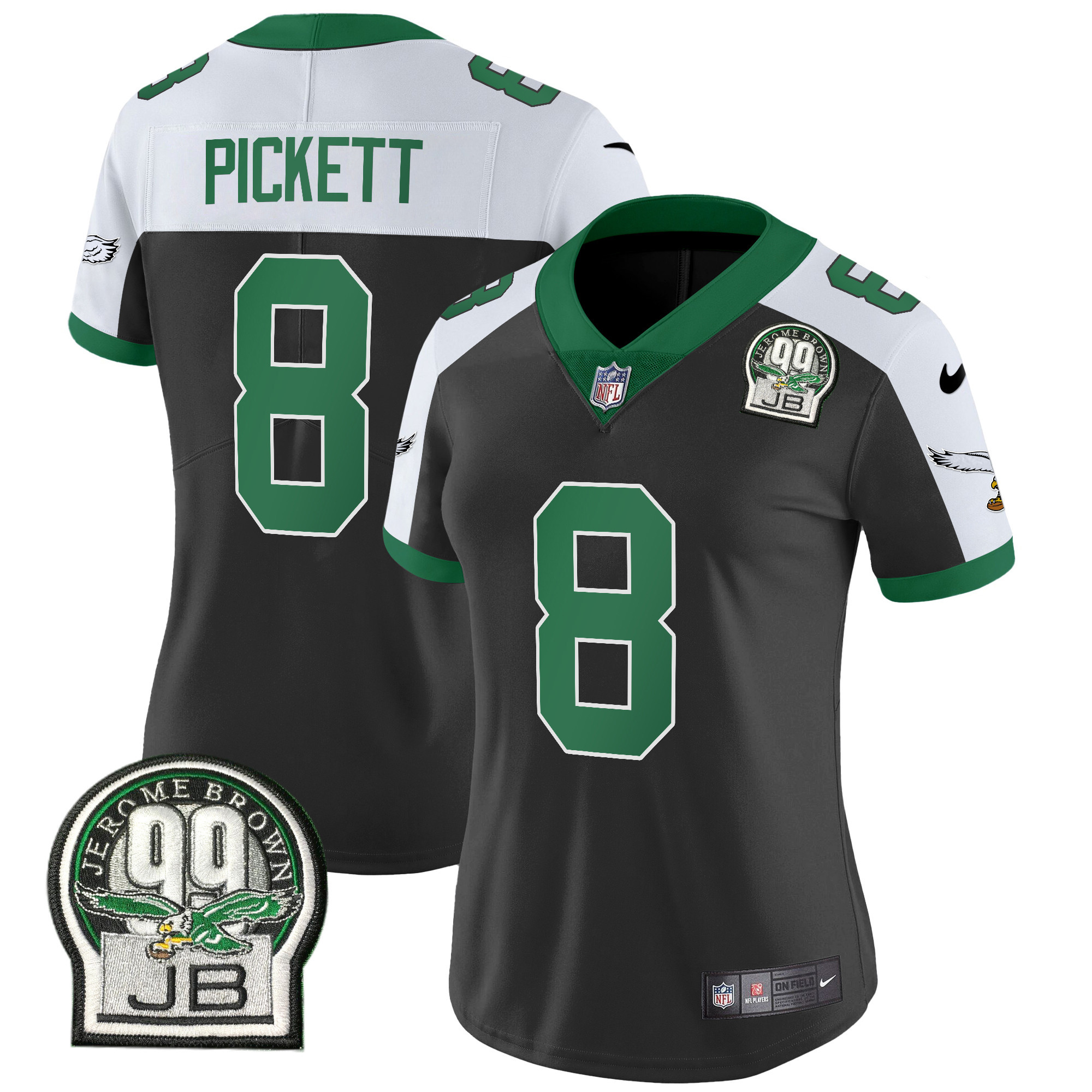 Kenny Pickett Women's Philadelphia Eagles Jerome Brown Patch Kelly Green Alternate V2 Black Alternate Jersey - All Stitched