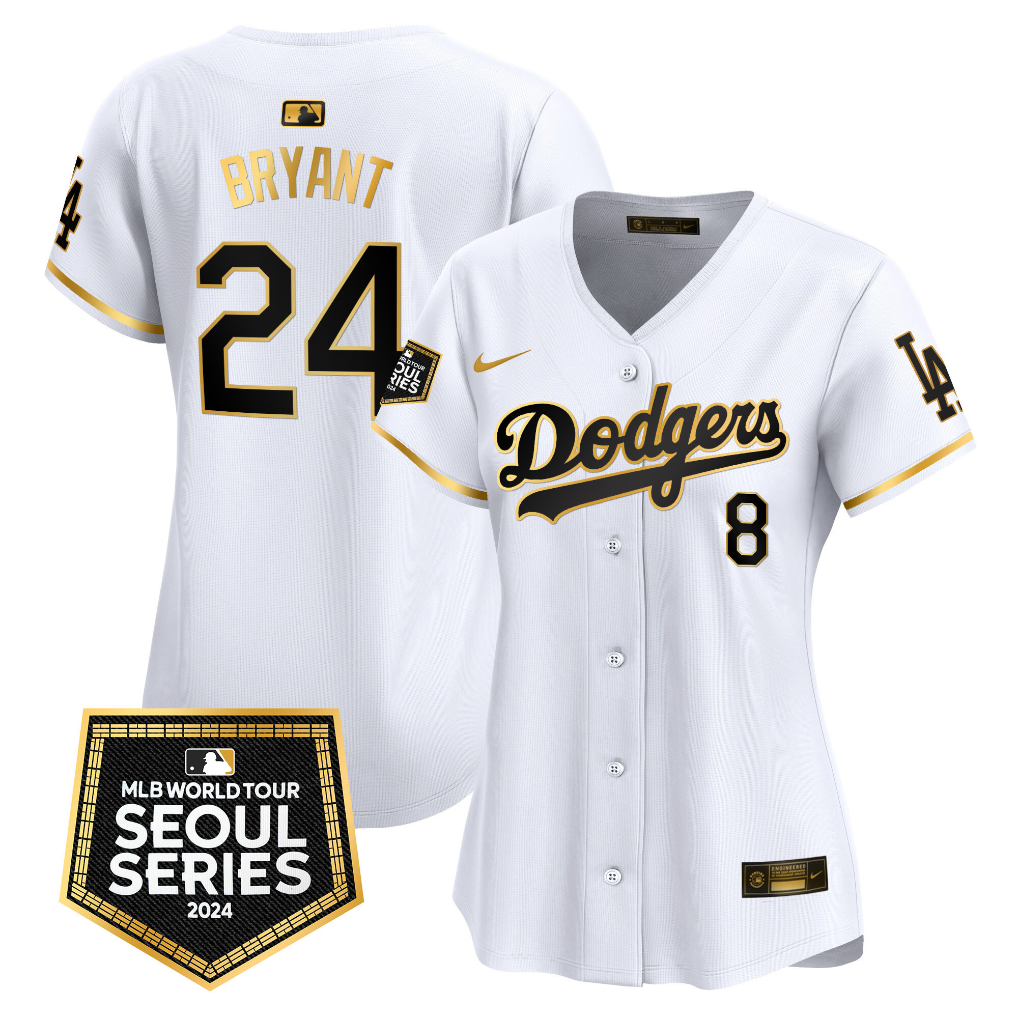 Kobe Bryant Women's Los Angeles Dodgers 2024 World Tour Seoul Series Patch Vapor Premier Limited White Gold Jersey - All Stitched