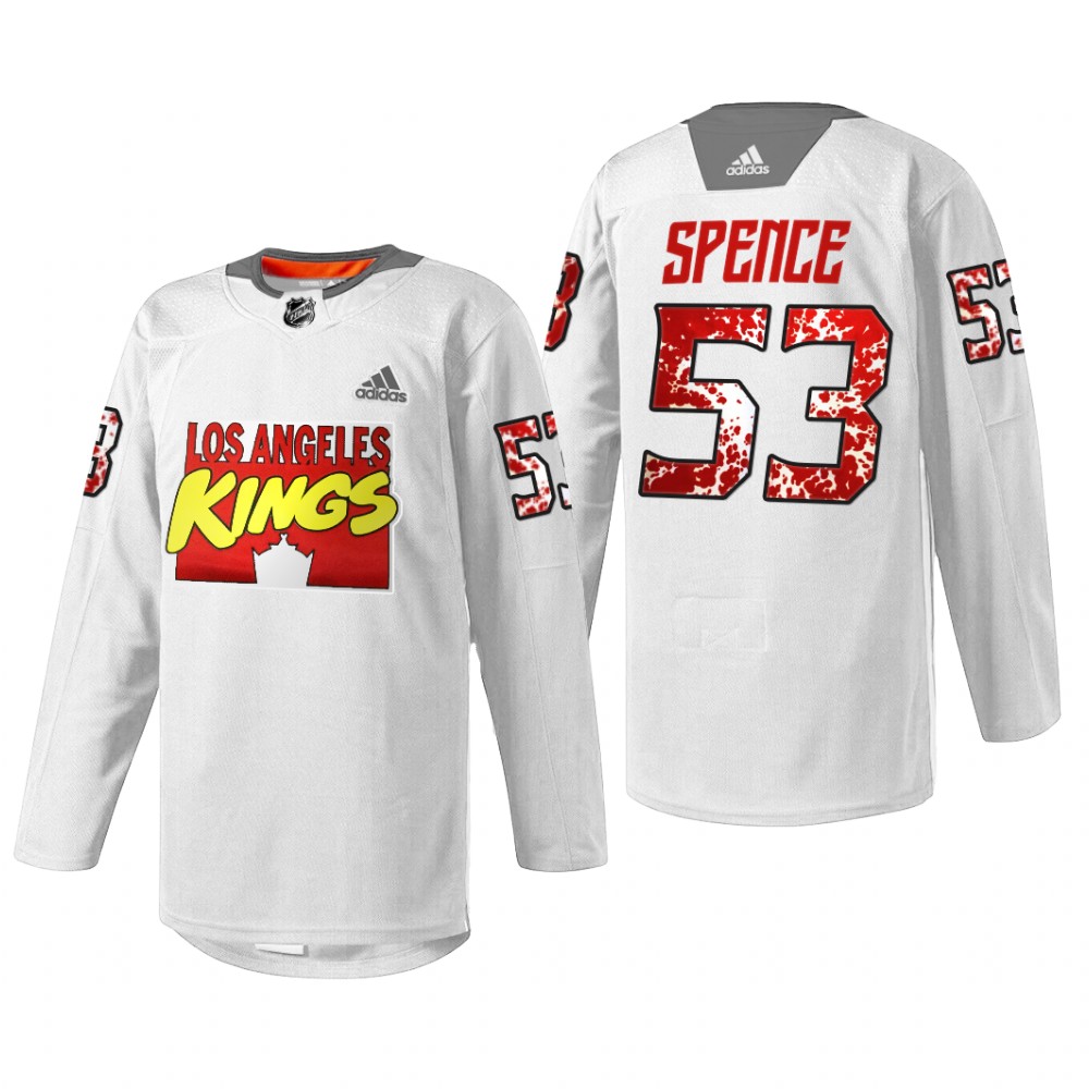 Los Angeles Kings Jordan Spence #53 Marvel Super Hero Night Jersey White Special Warmup