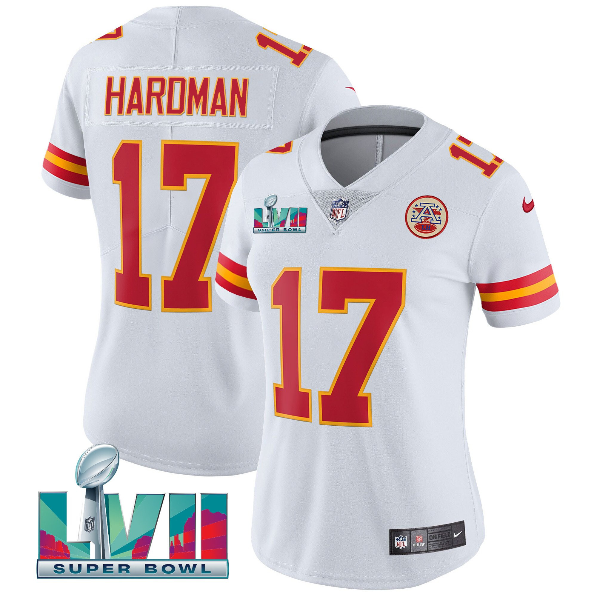Mecole Hardman Women's Kansas City Chiefs Super Bowl LVII Red Gold Vapor White Jersey - All Stitched 