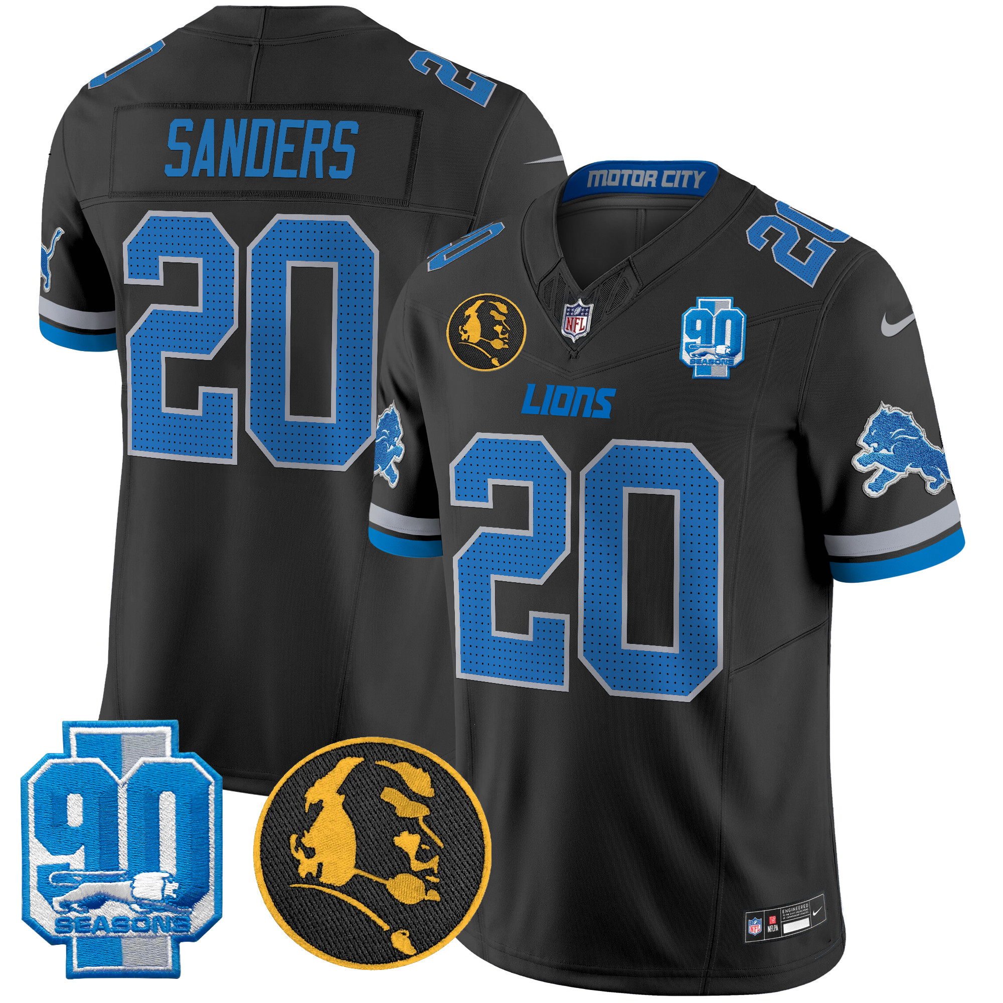 Men's Barry Sanders Detroit Lions 2024 90th & John Madden Patch Vapor Limited Black Jersey - All Stitched