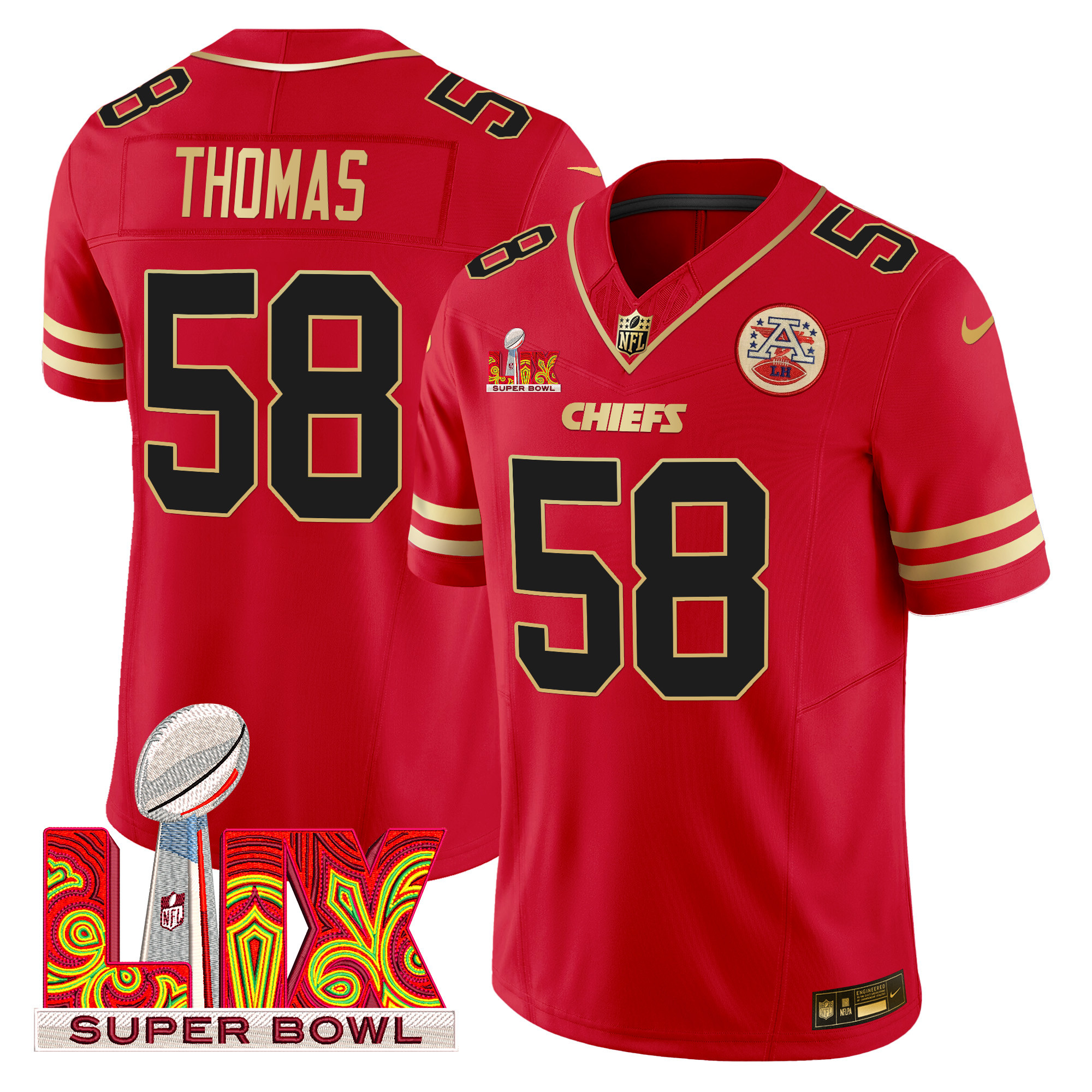 Men's Derrick Thomas Kansas City Chiefs Super Bowl LIX Patch Gold Trim Vapor Limited Red Jersey - All Stitched