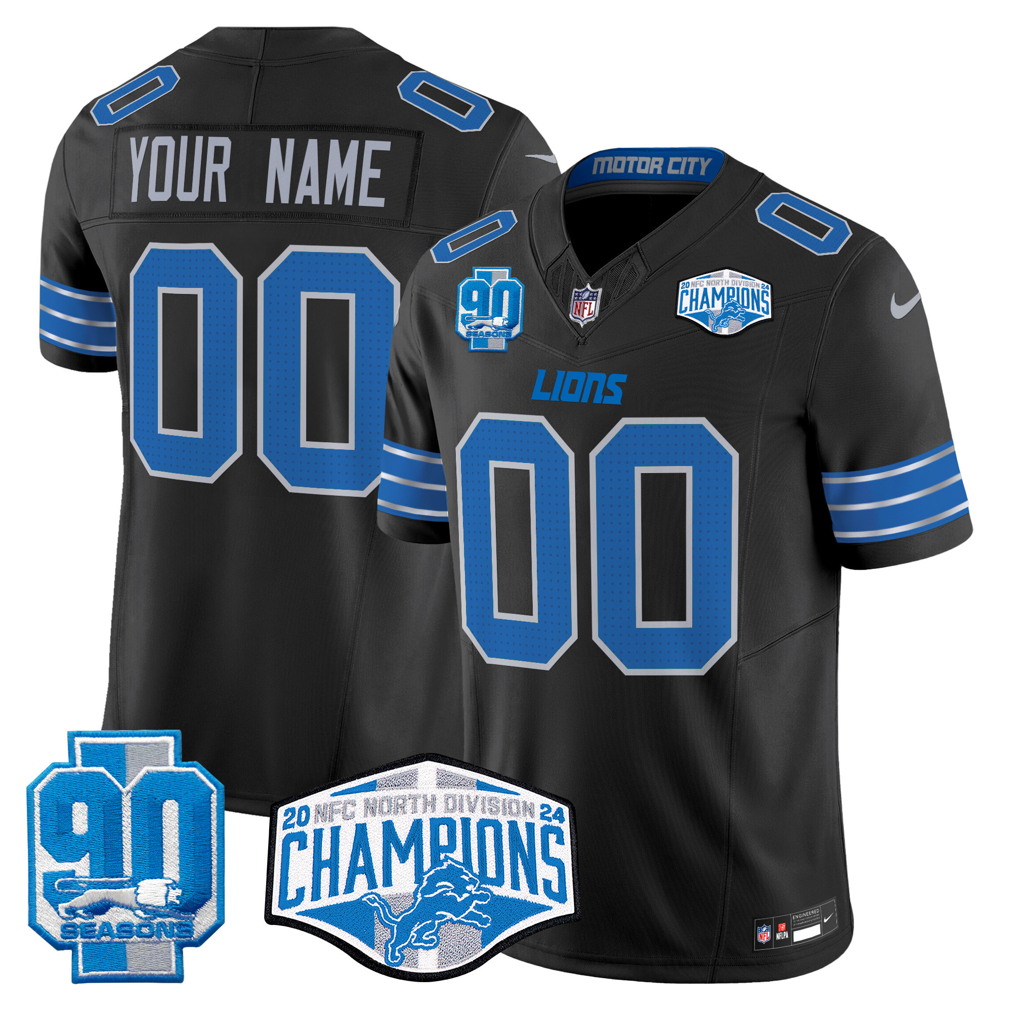 Men's Detroit Lions 2024 NFC North Division Champions Patch Vapor Limited Custom Black Jersey - All Stitched