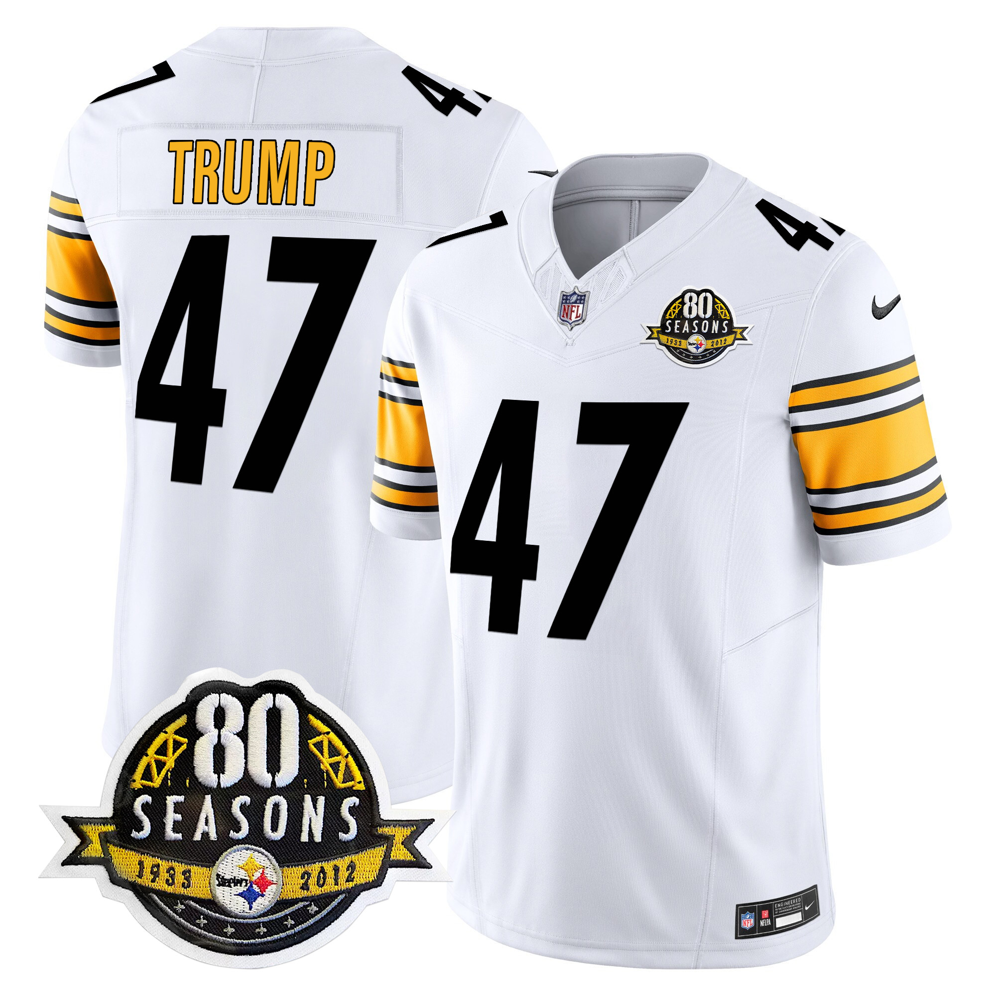 Men's Donald Trump Pittsburgh Steelers 80th Anniversary Patch Vapor Limited White Jersey - All Stitched