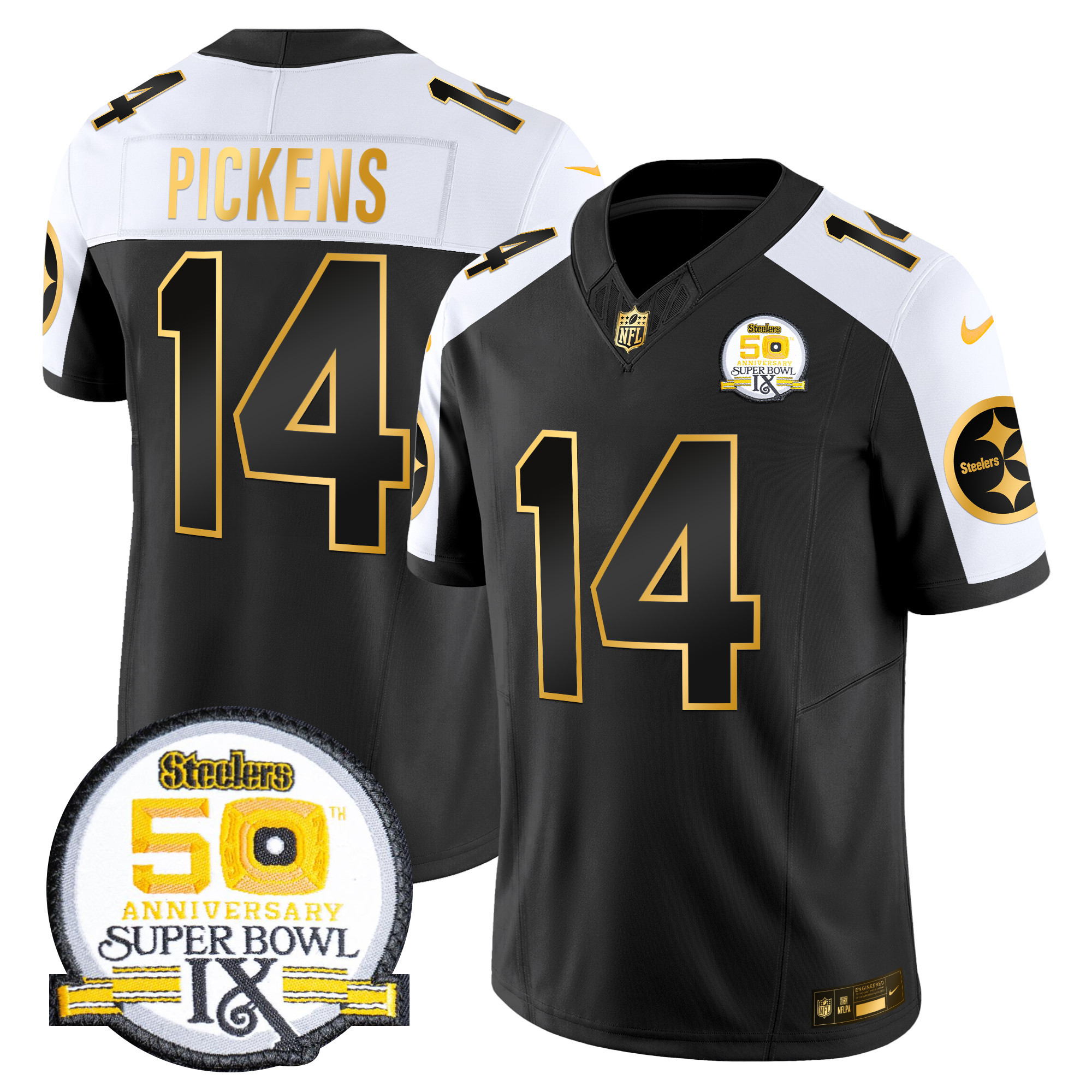 Men's George Pickens Pittsburgh Steelers 50th Anniversary of Super Bowl IX Patch Gold Vapor Limited Alternate Jersey - All Stitched