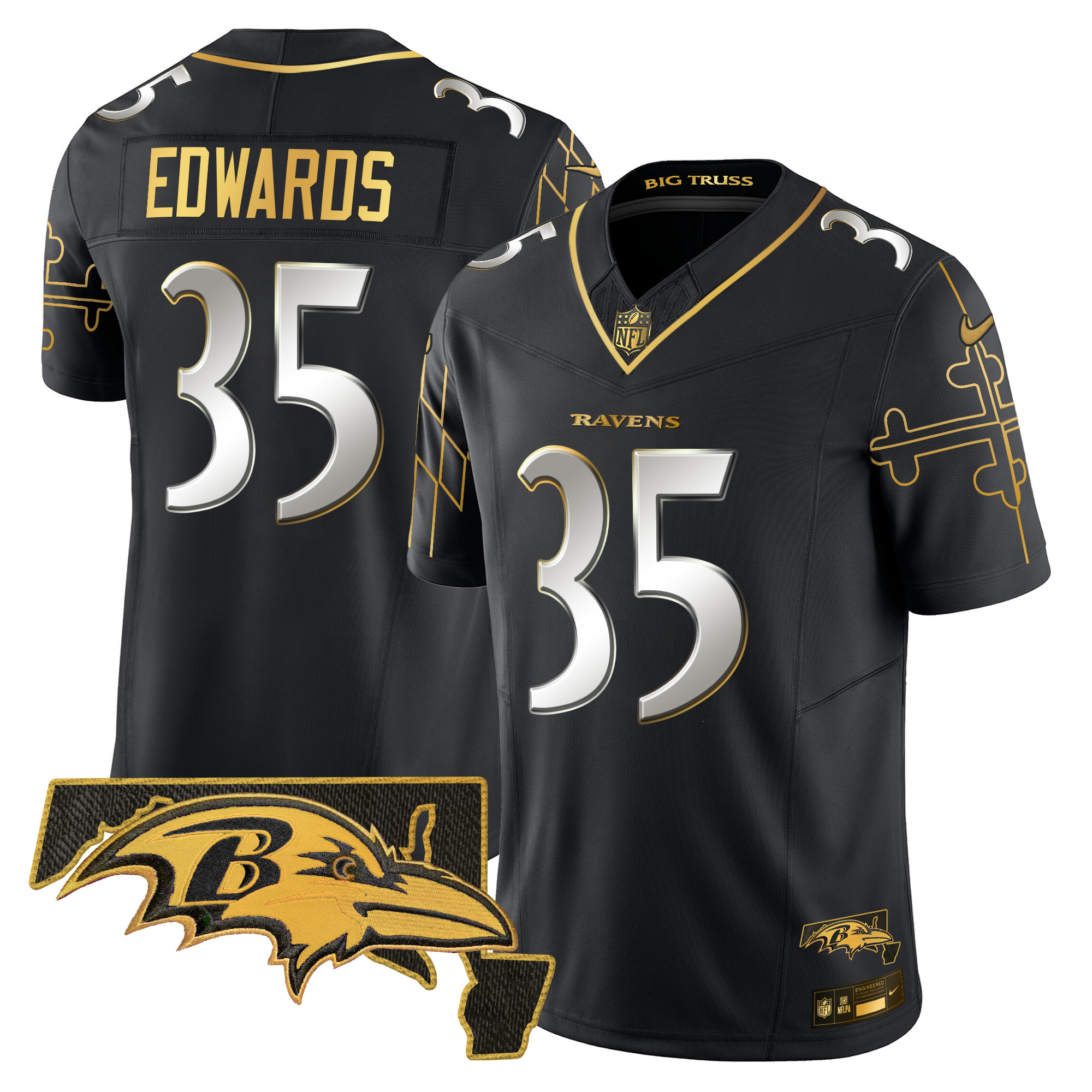 Men's Gus Edwards Baltimore Ravens Maryland Flag Map Patch Gold Vapor Limited Black Limited Jersey - All Stitched
