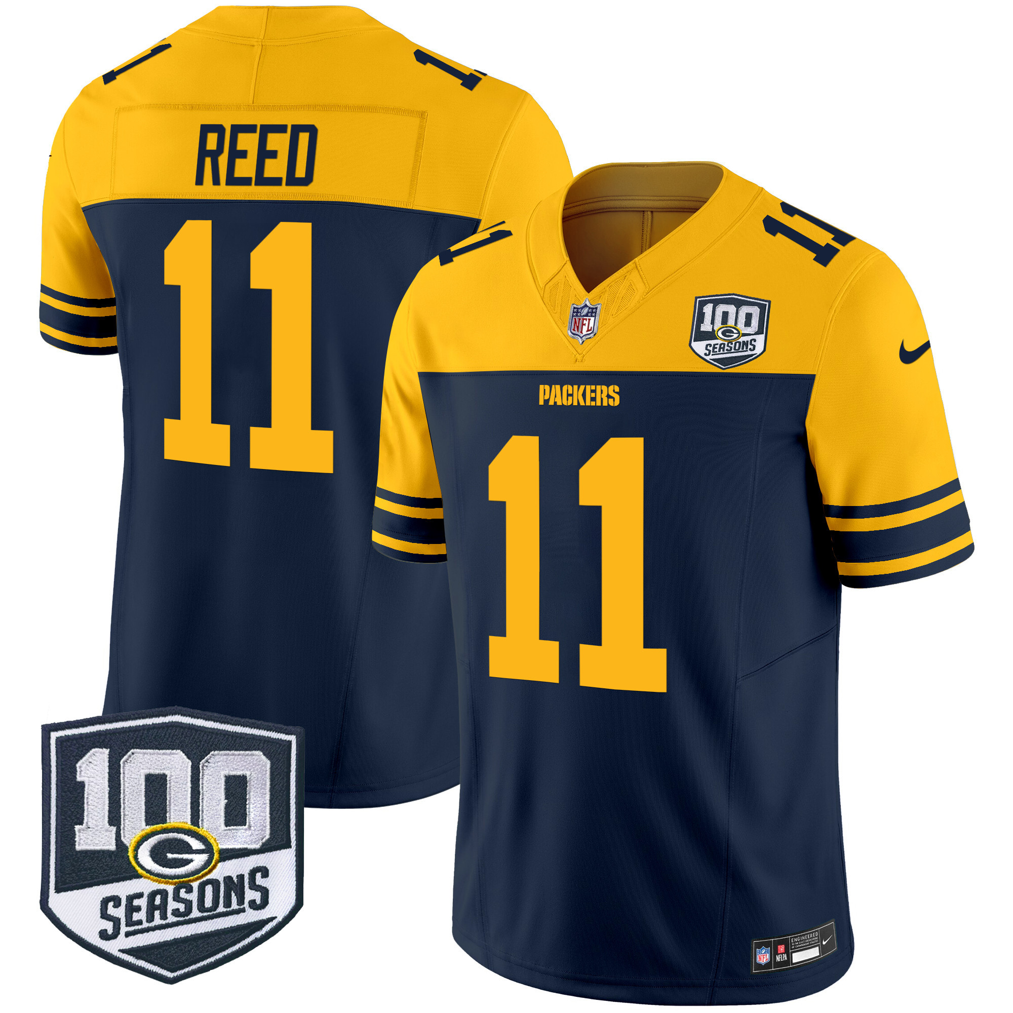 Men's Jayden Reed Green Bay Packers Throwback 100th Season Patch Vapor Limited Navy Jersey - All Stitched